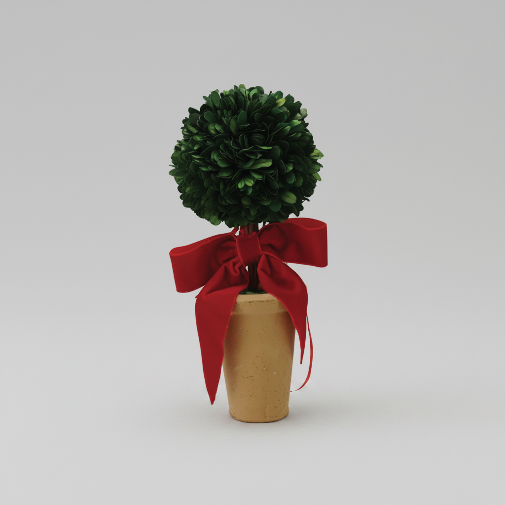 Dried Boxwood Tree with Red Bow in Terracotta Pot