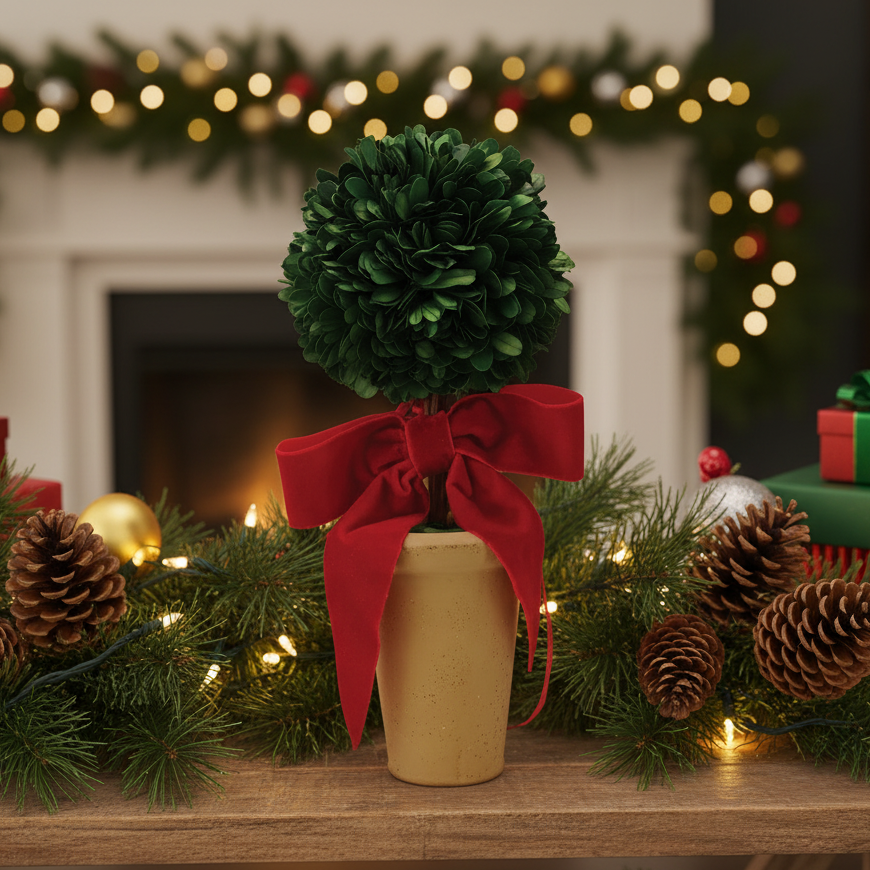 Dried Boxwood Tree with Red Bow in Terracotta Pot