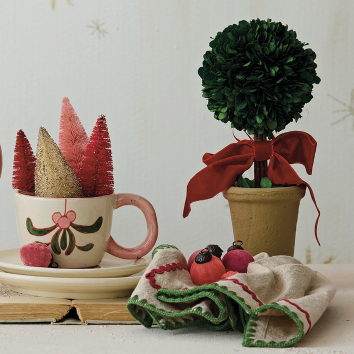 Dried Boxwood Tree with Red Bow in Terracotta Pot