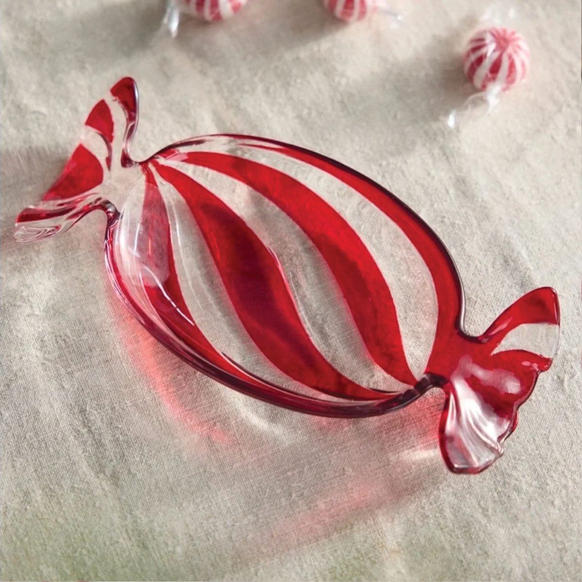 Hand Painted Glass Candy Shaped with Red Stripes Dish