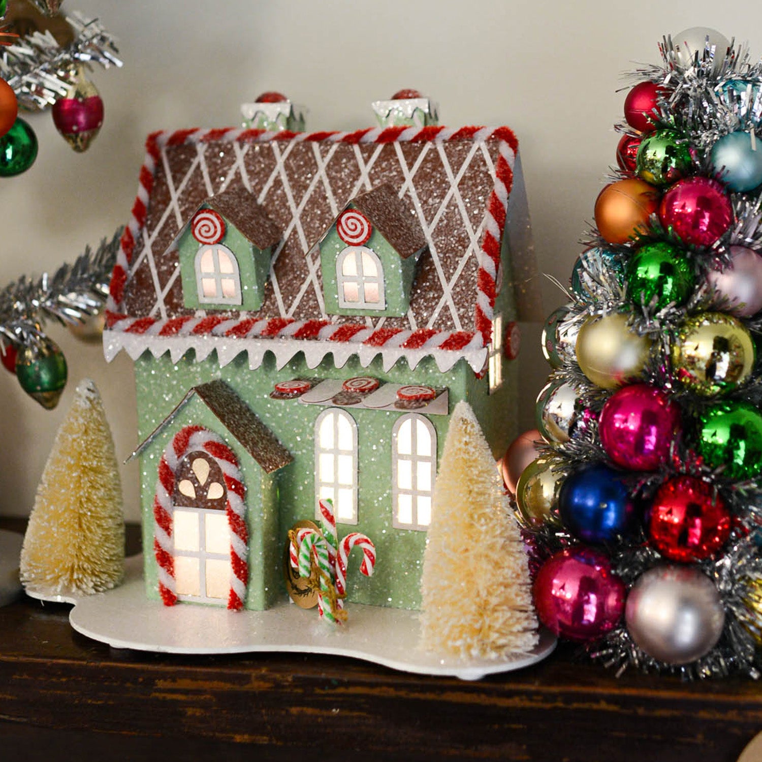 Cardboard LED Sparkle Minty Sweet Candy Cane Light Up House