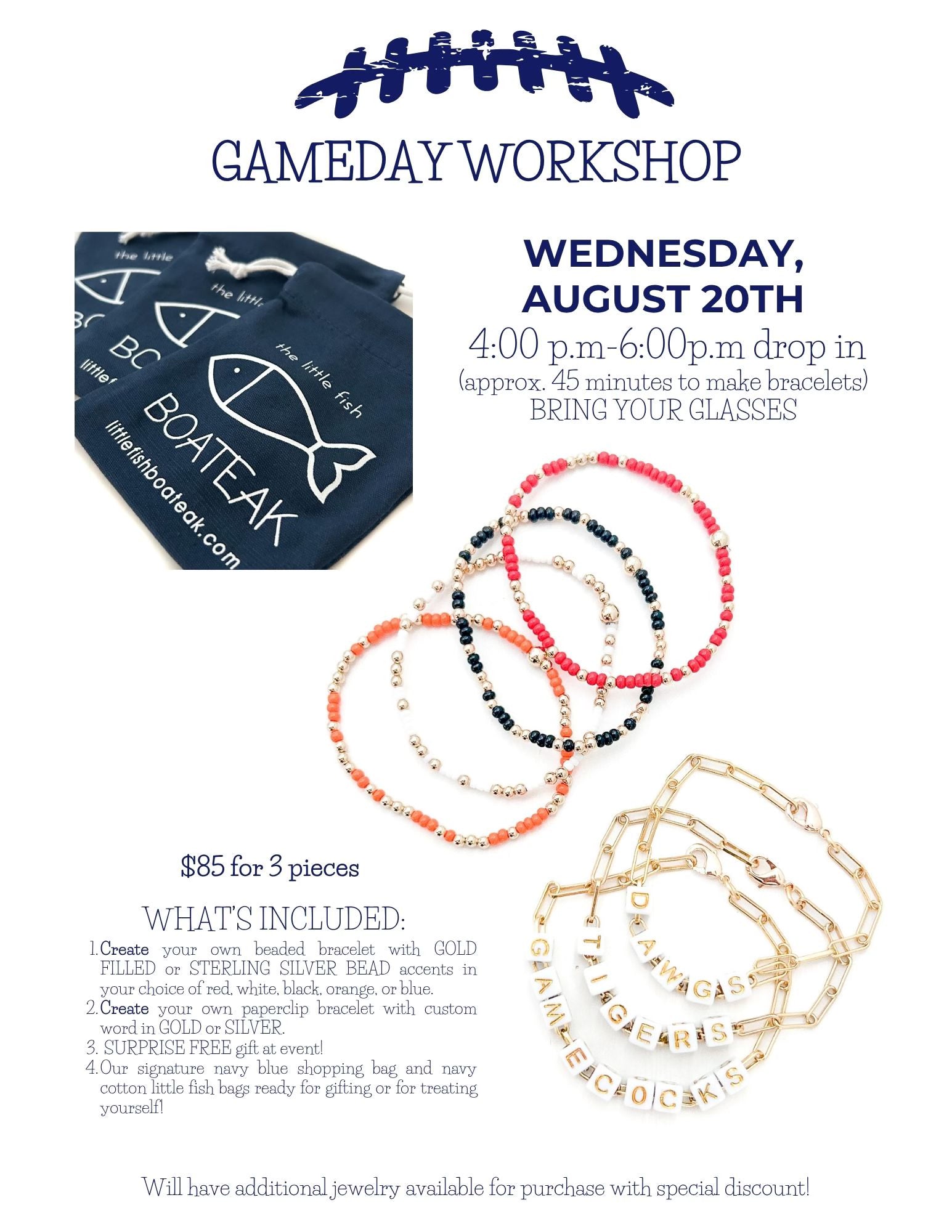 08.20.2025 @ 4PM - 6PM | Little Fish Boateak Gameday Jewelry Making Workshop