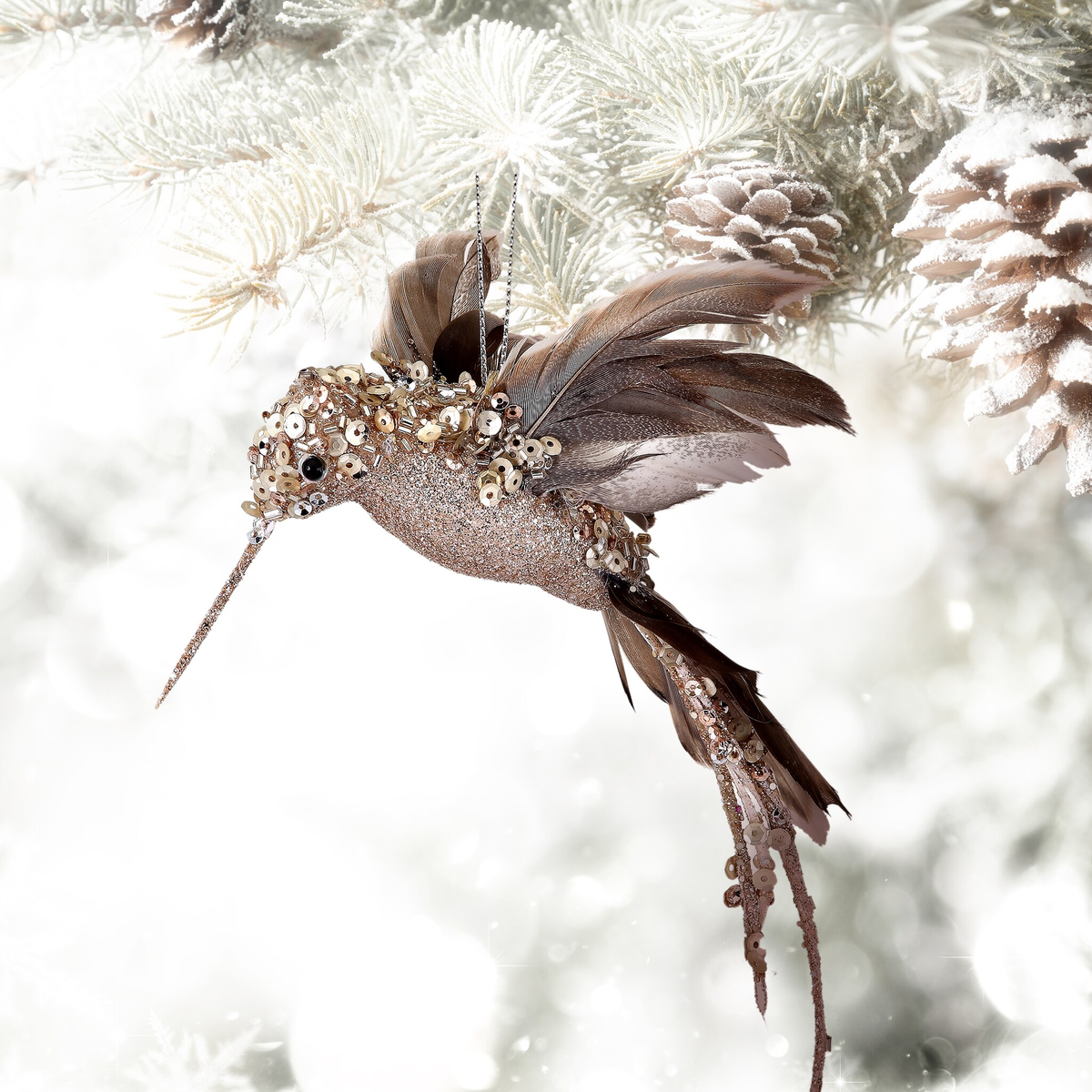 Glitter Sequin Beaded Champagne Hummingbird Ornament