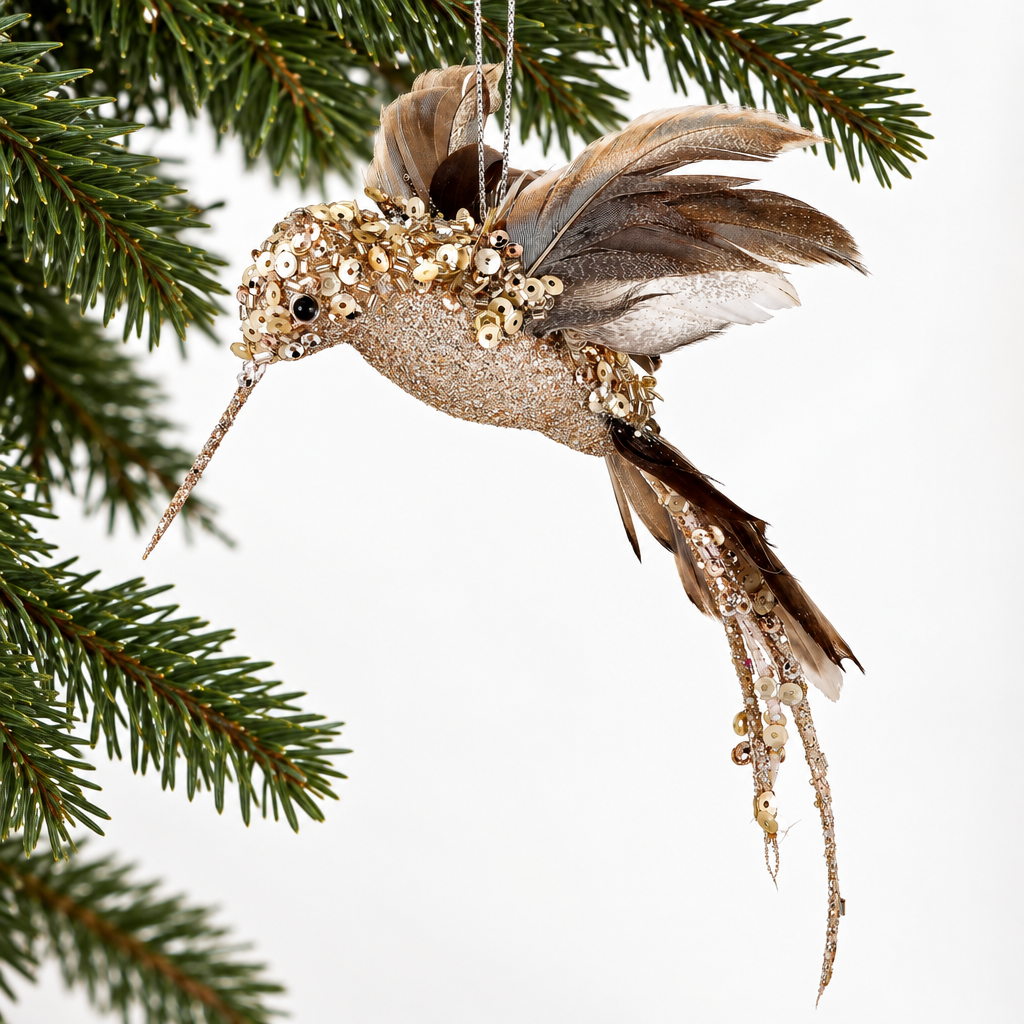 Glitter Sequin Beaded Champagne Hummingbird Ornament
