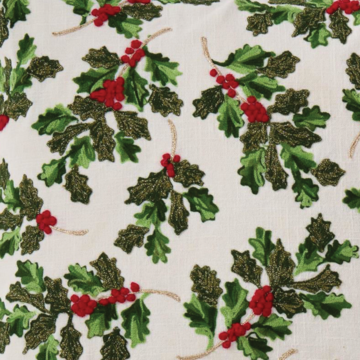 Cream Cotton Pillow with Holly Leaves and Berries