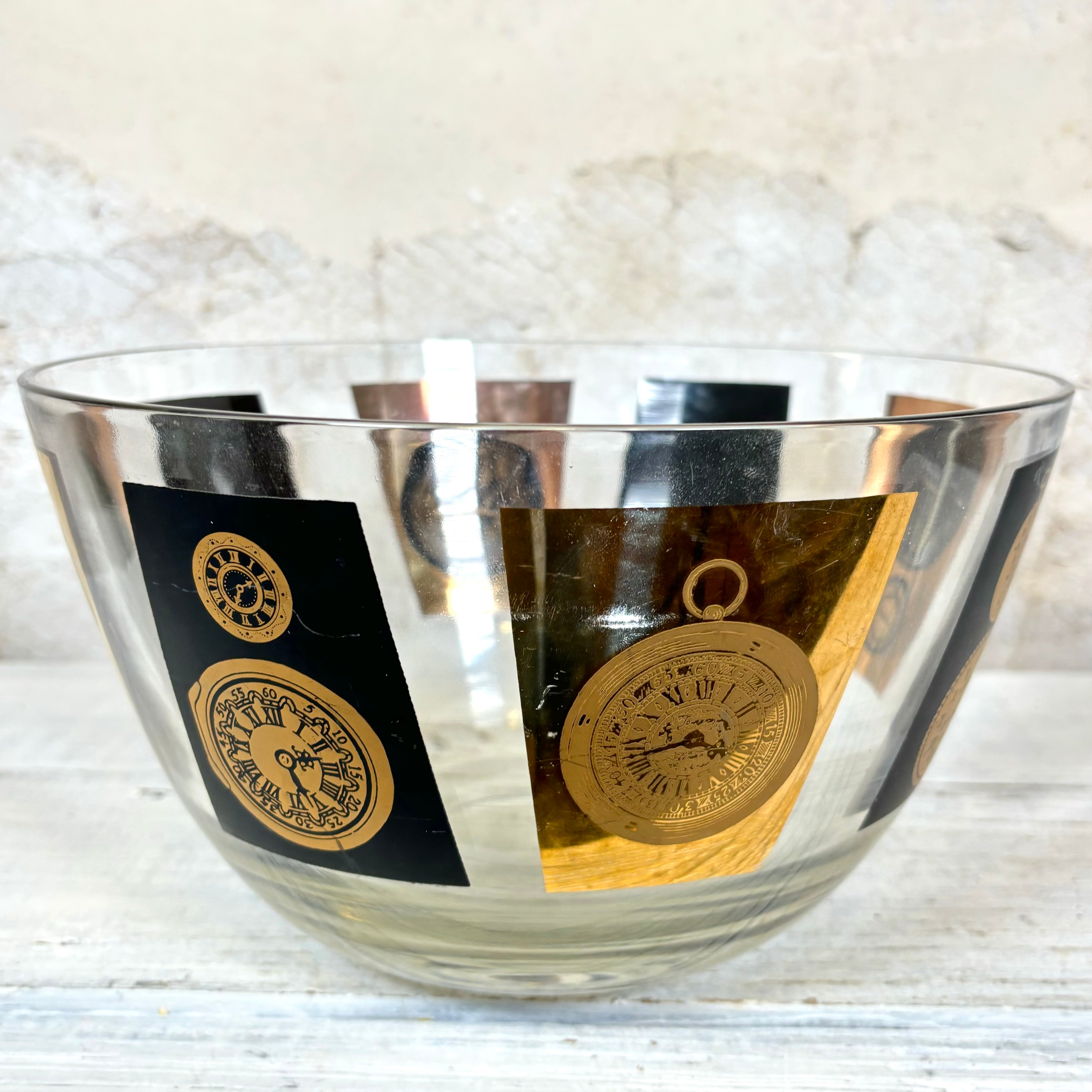 Mid Century Modern Glass Bowl with Black and Gold Clocks