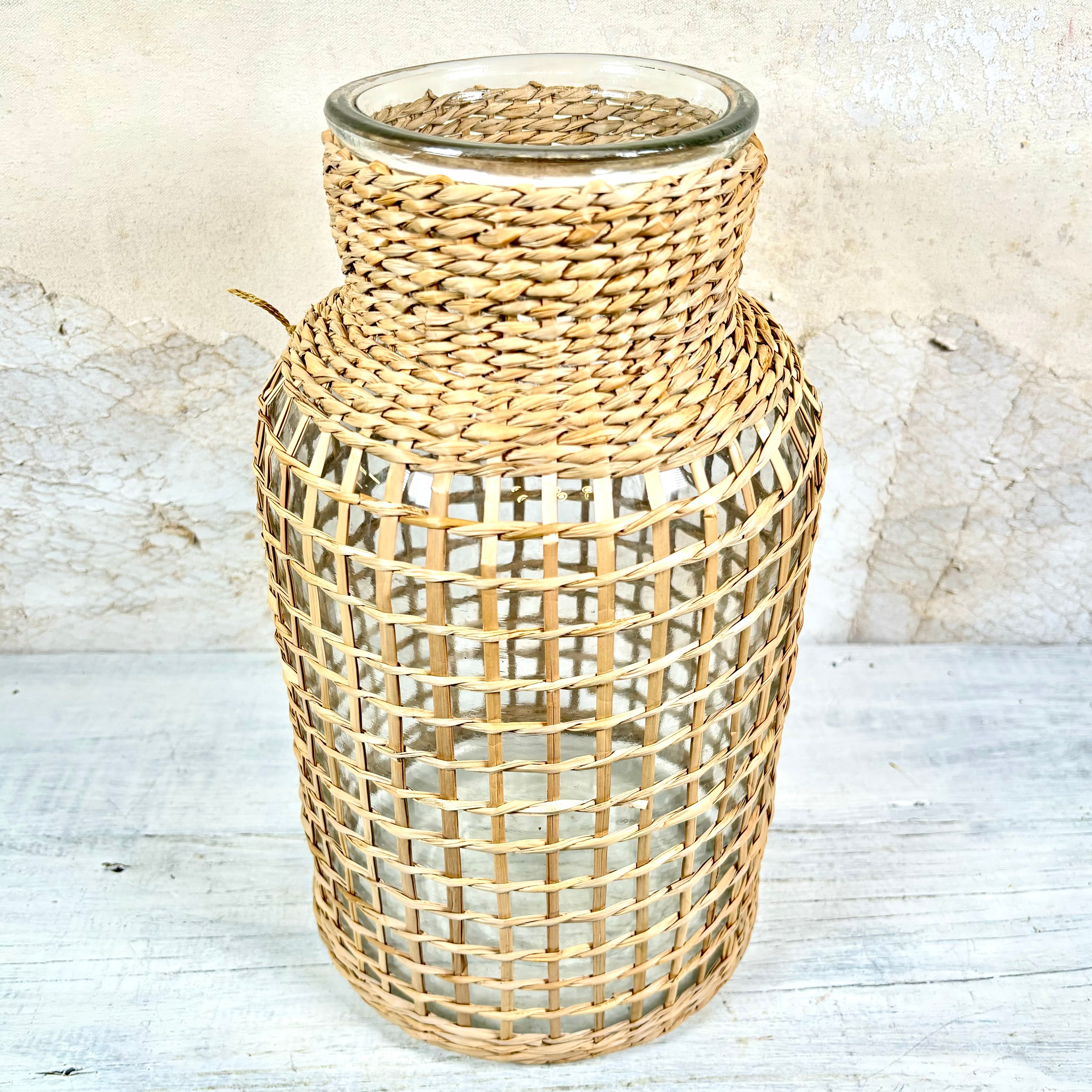 Glass Hurricane Vase in Woven Sleeve