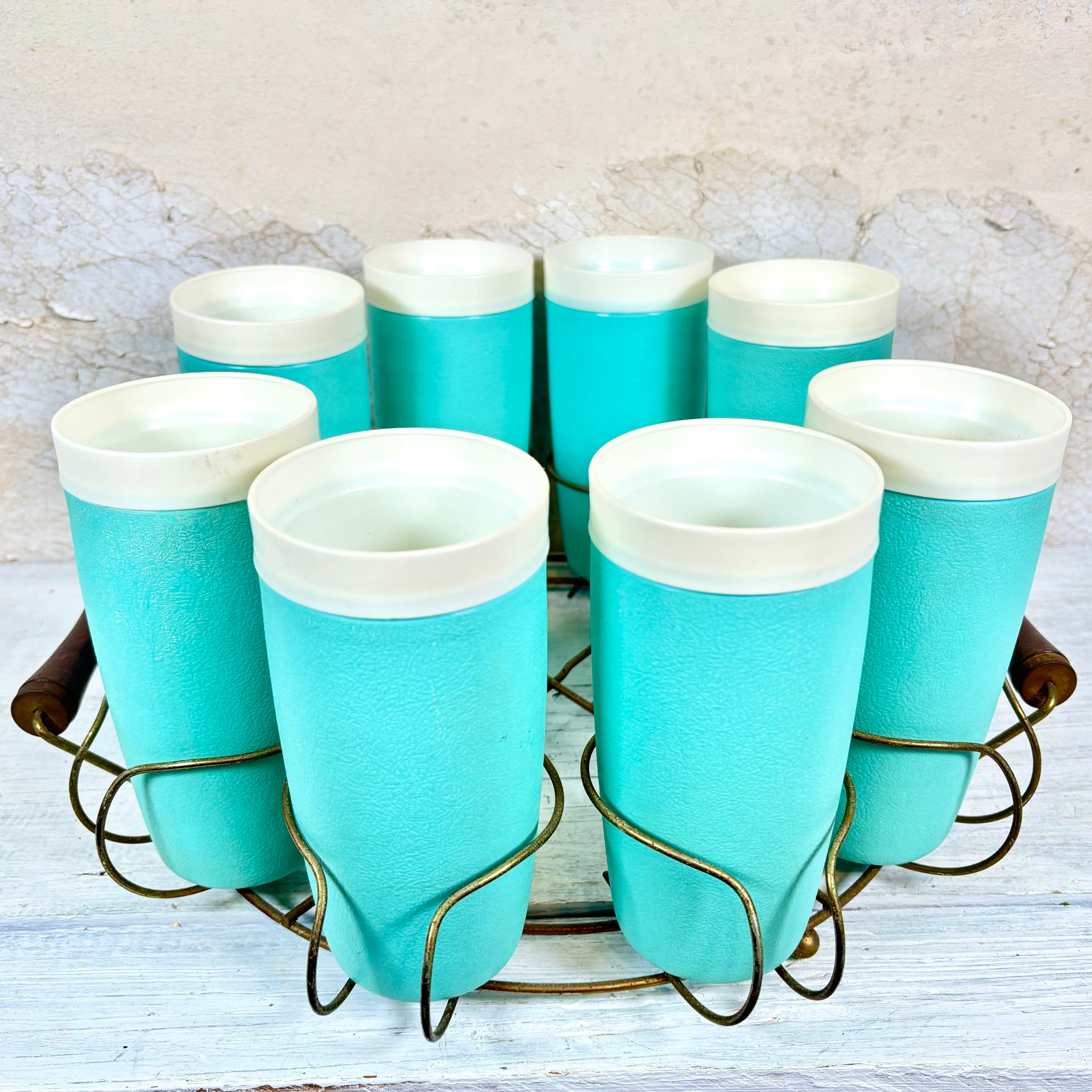 Vintage Thermo Ware Teal Cups With Carrier Branches Designs