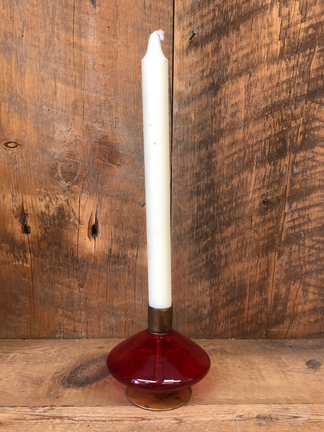 Red Glass and Metal Taper Candle Holder Large