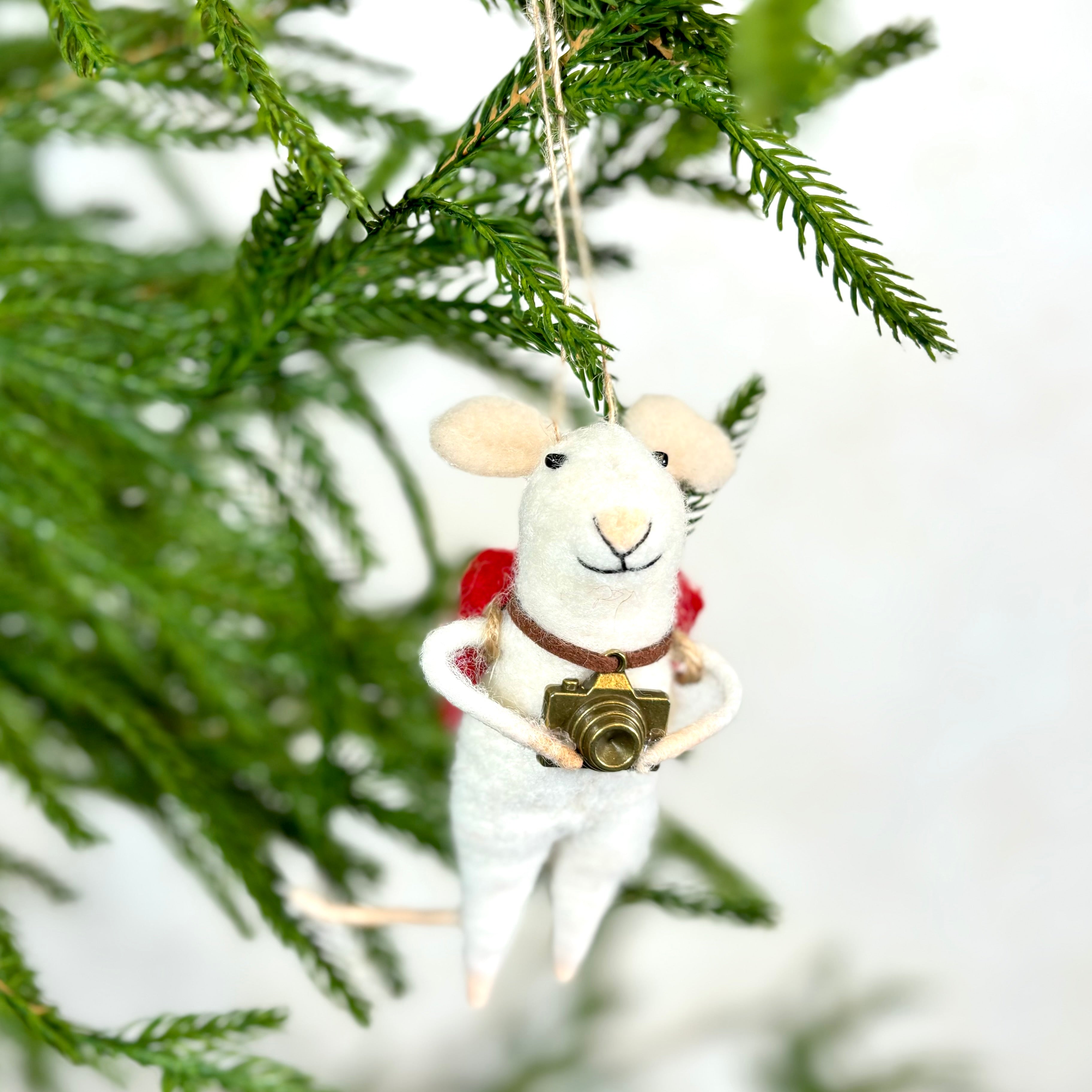 Felt Photographer Mouse Holding Camera with a Red Backpack