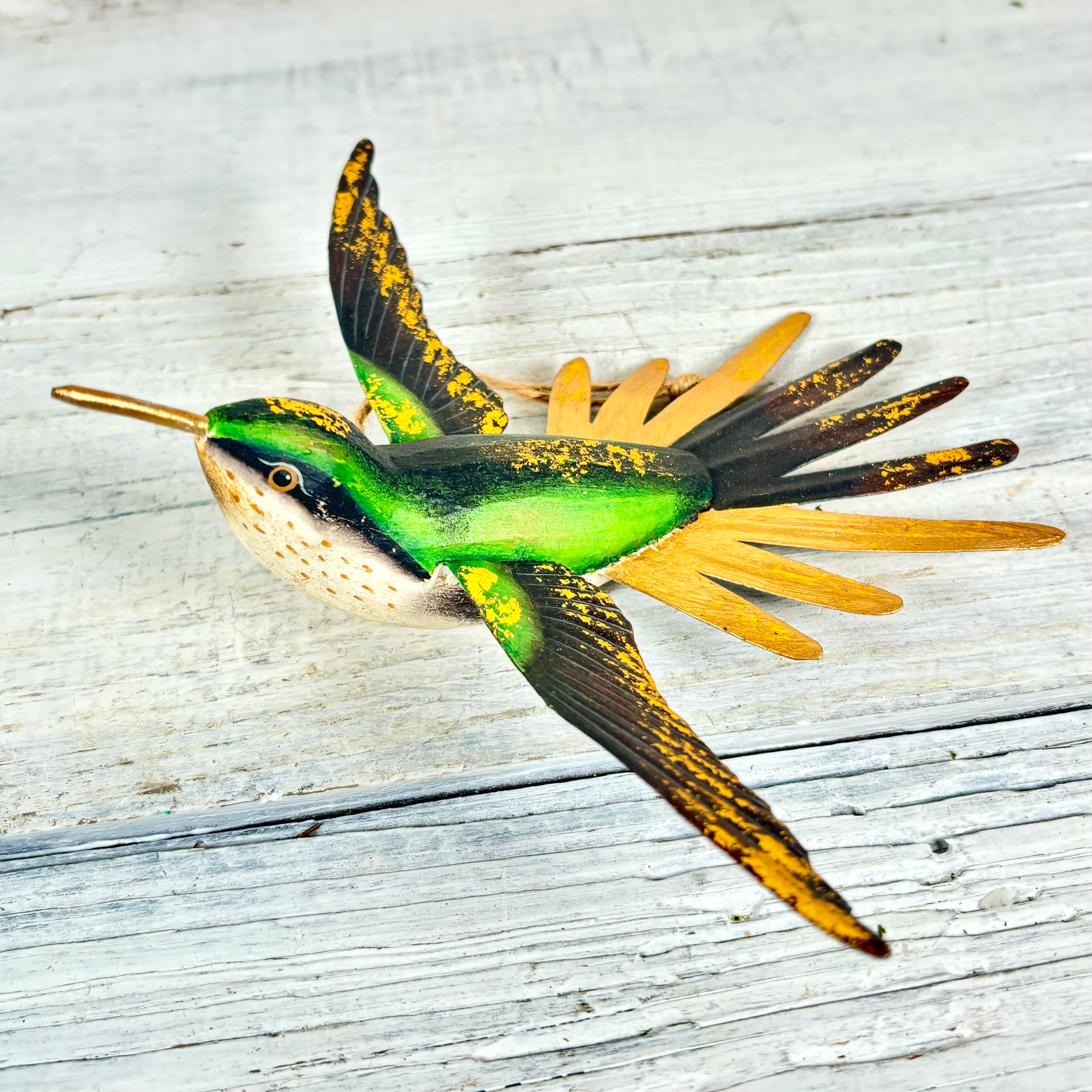 Hand Carved Wood Hummingbird Ornament Green Gold