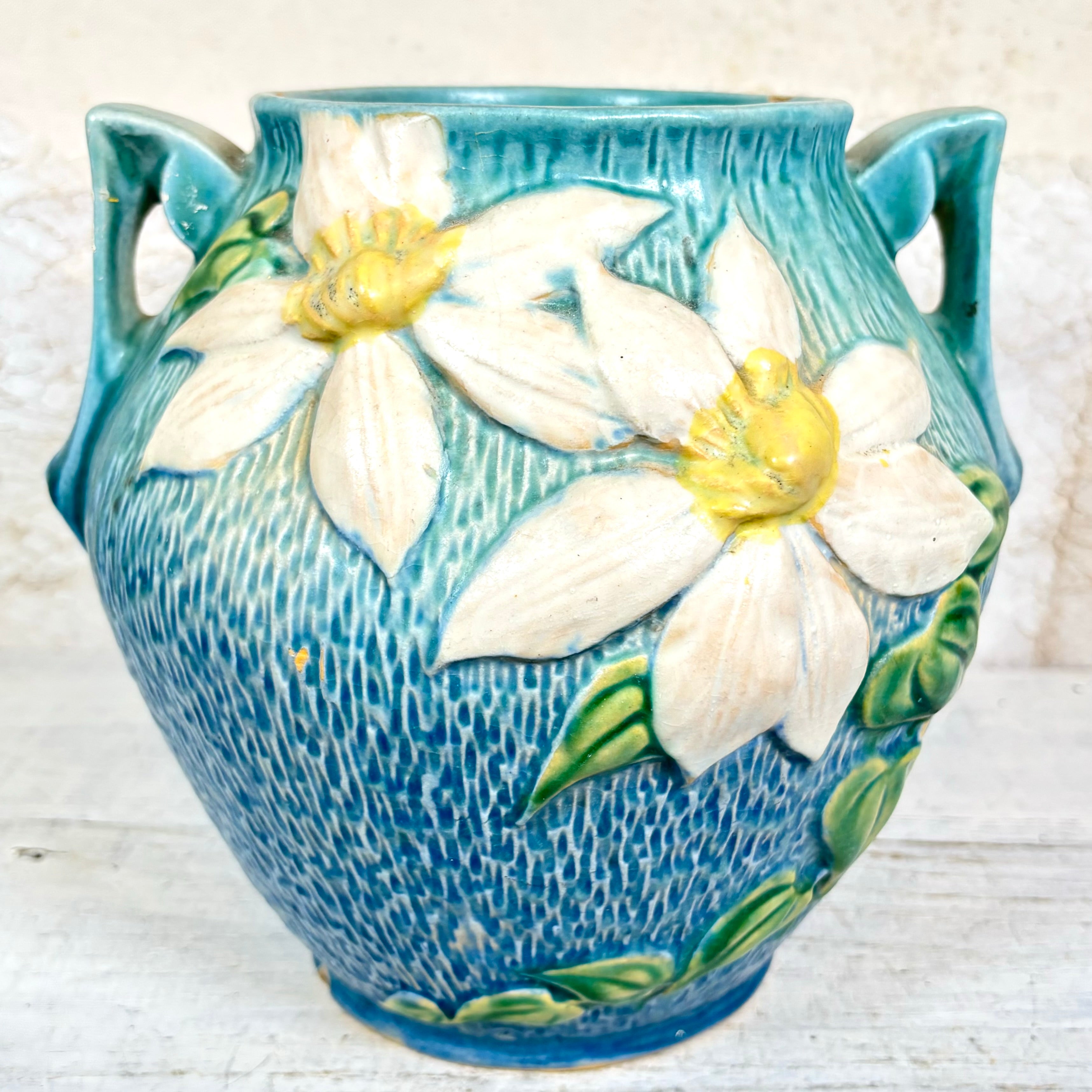 Roseville Pottery Clematis Blue Handled Cookie Jar