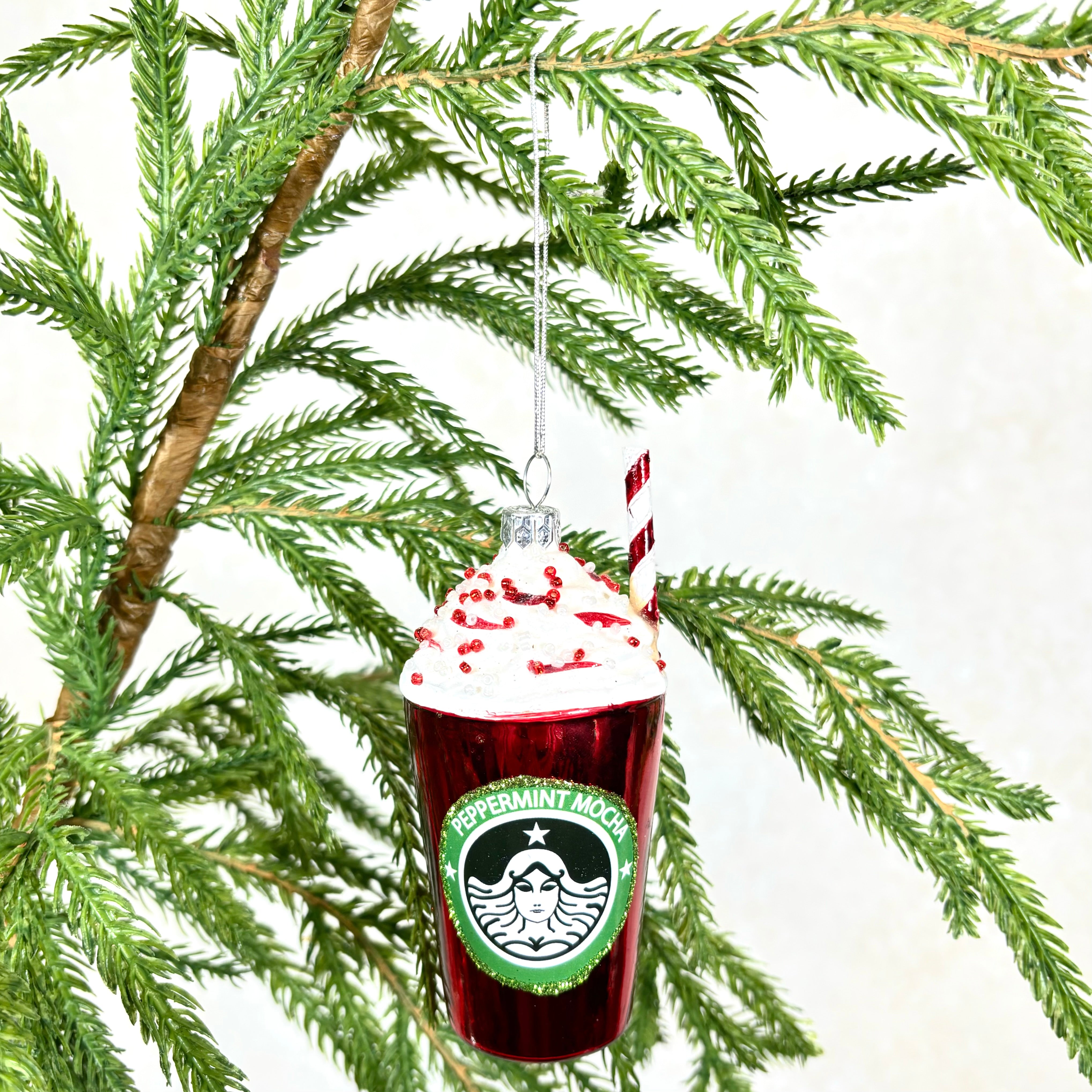 Peppermint Mocha Red Cup Shiny Glass Ornament