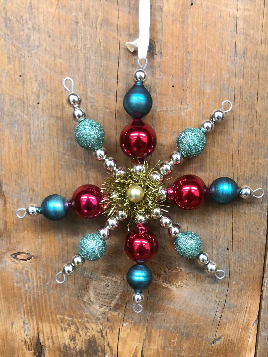 Glass Bead Snowflake Ornament Tinsel and Glitter Blue Red Gold