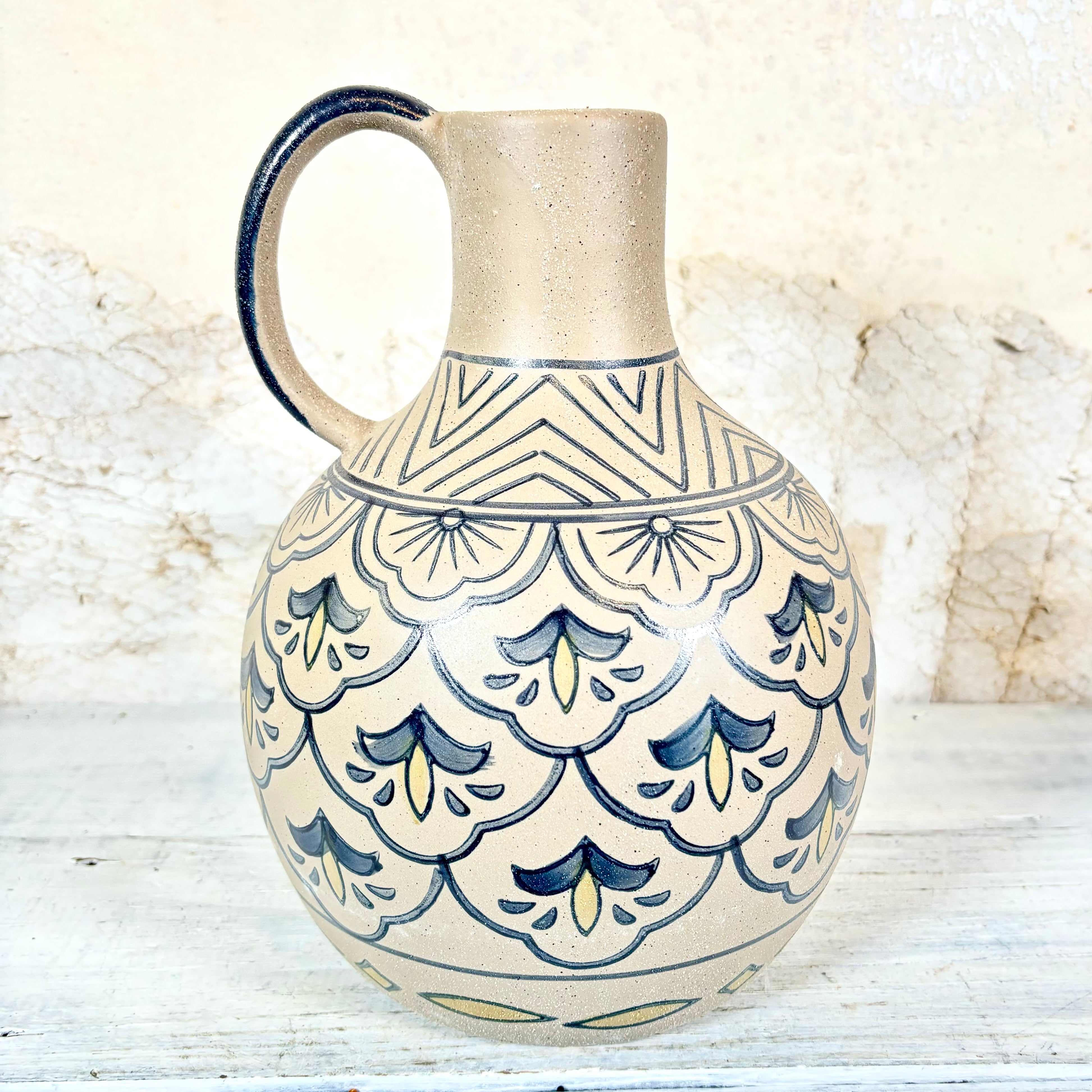 Hand-Painted Stoneware Blue and Tan Vase with Handle