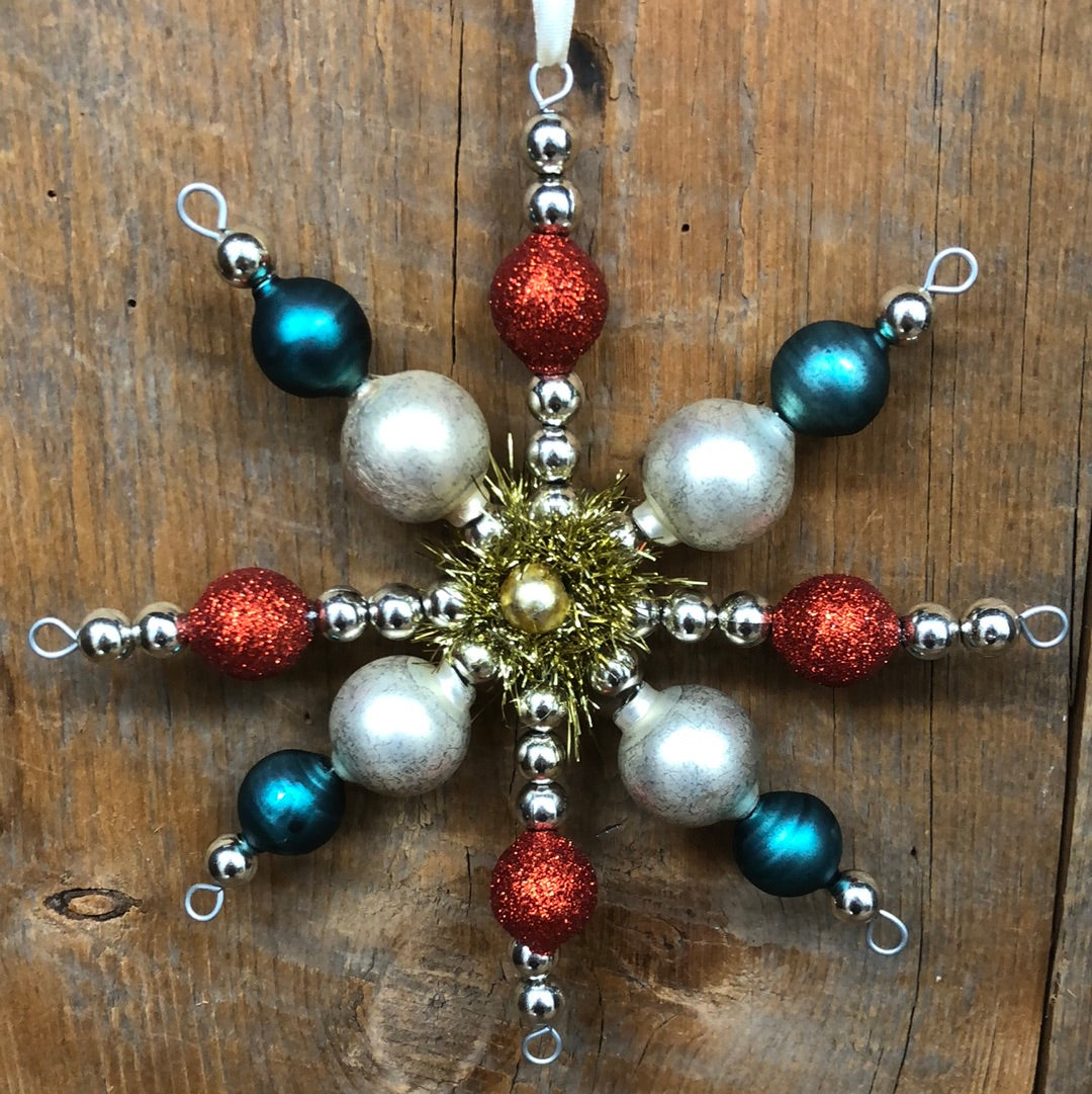 Glass Bead Snowflake Ornament with Tinsel and Blue White Gold