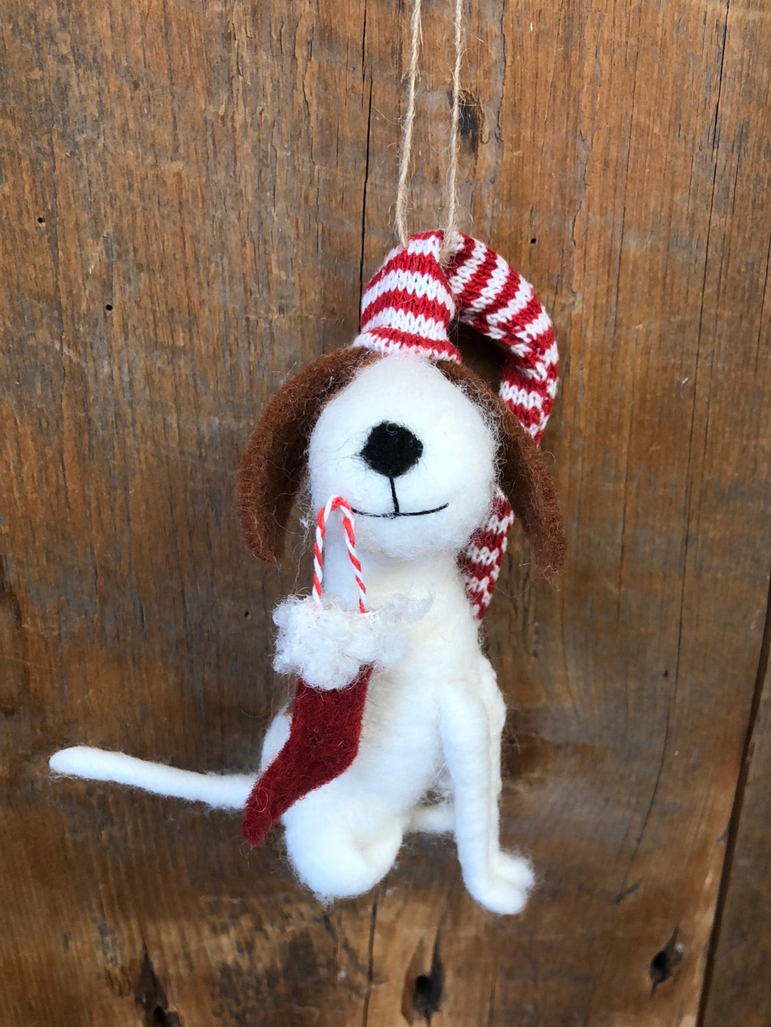 Felt Sitting Dog with Stocking and Extra Long Knit Hat Ornament