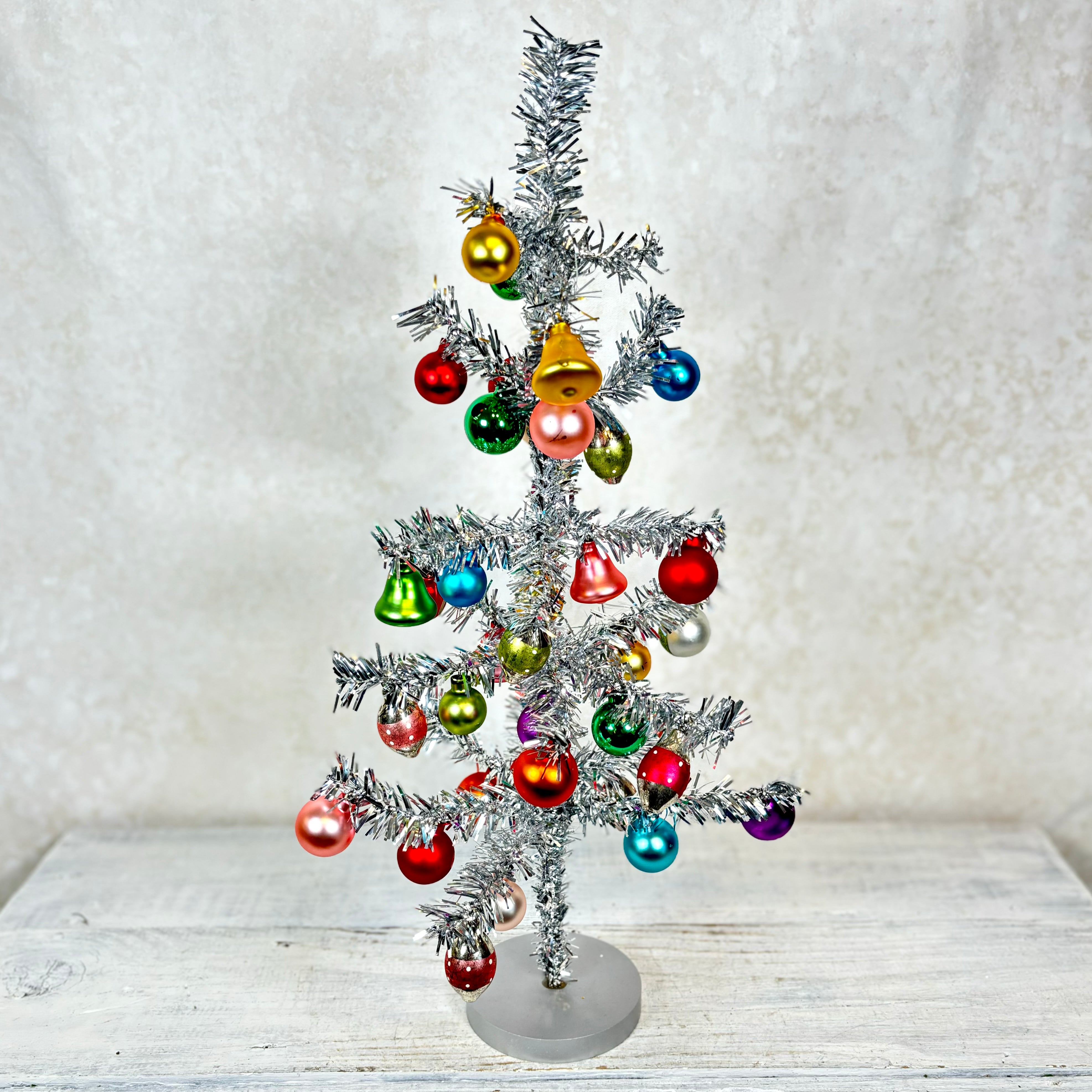 Silver Vintage Tinsel Tree with Ornaments