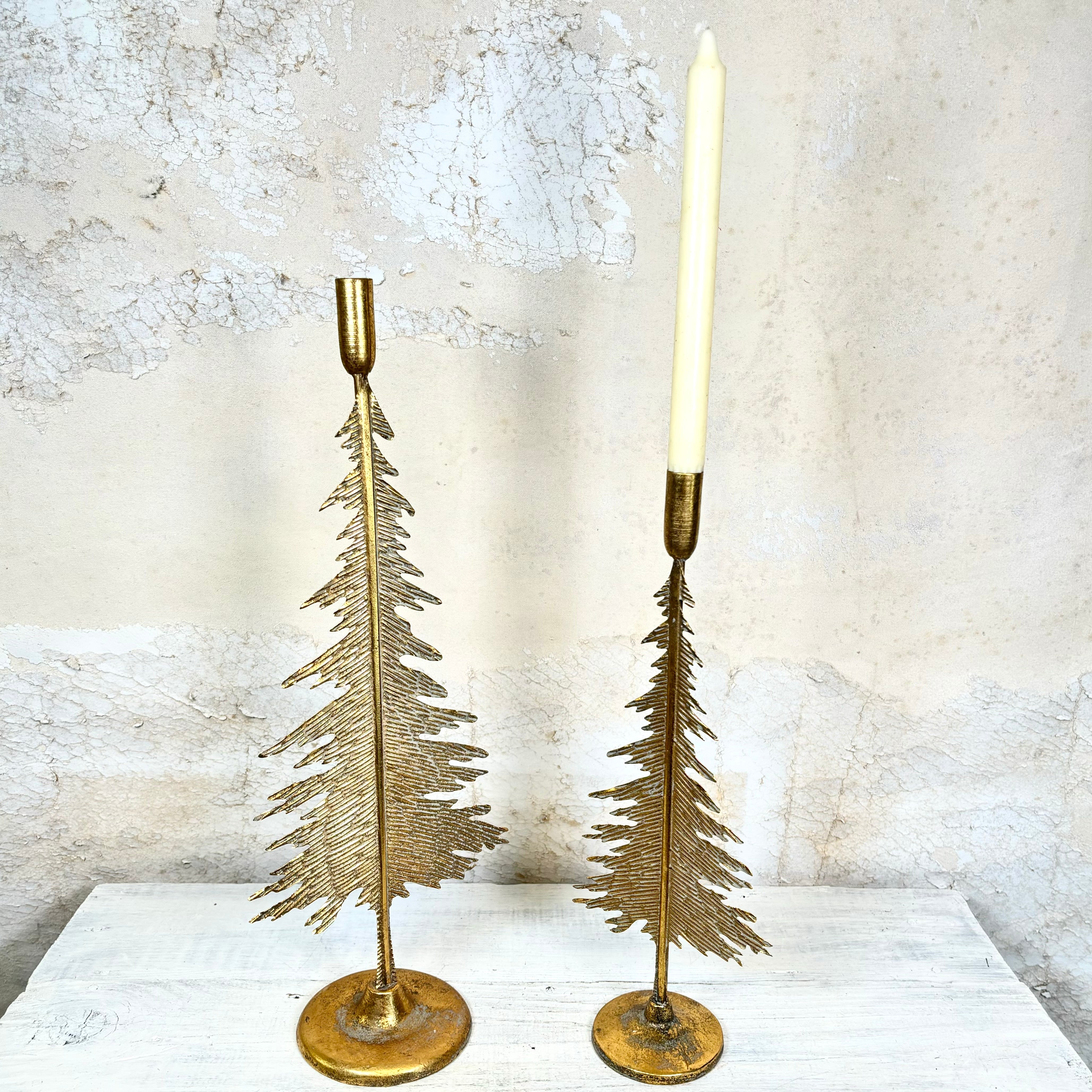 Verdigris Gold Metal Pine Tree Candle Stick Short