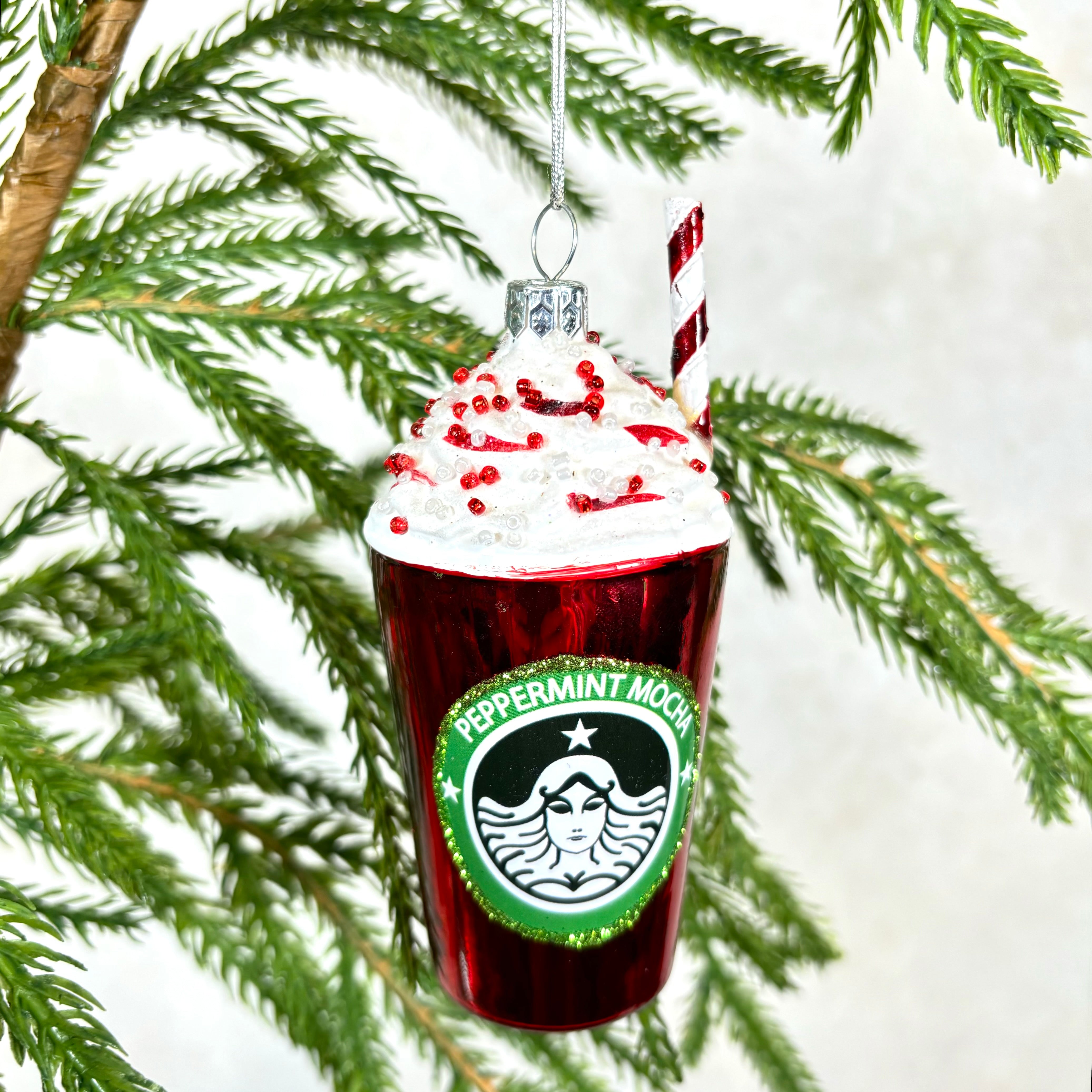 Peppermint Mocha Red Cup Shiny Glass Ornament