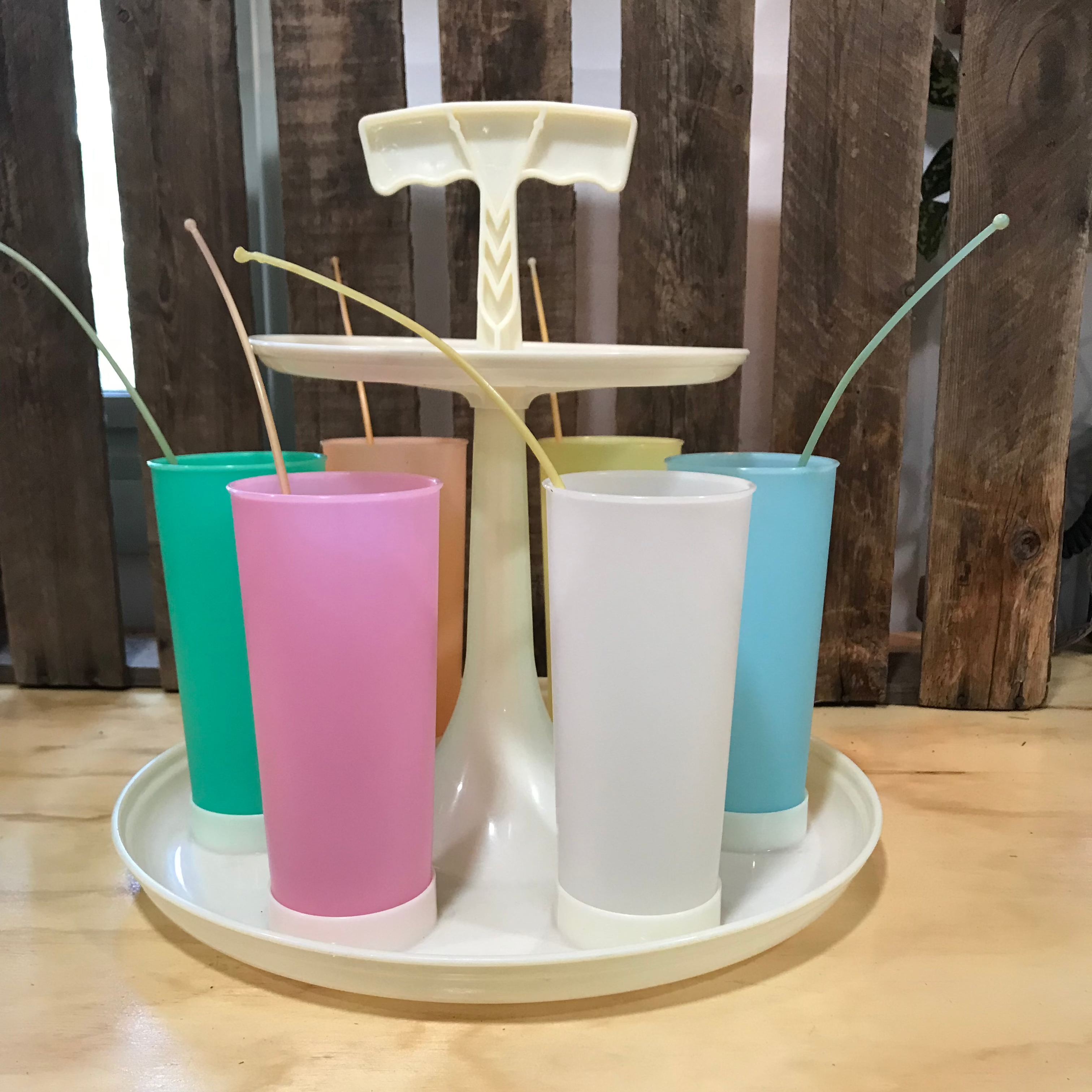 1960's Tupperware Drink Caddy with Tumblers and Stirrers