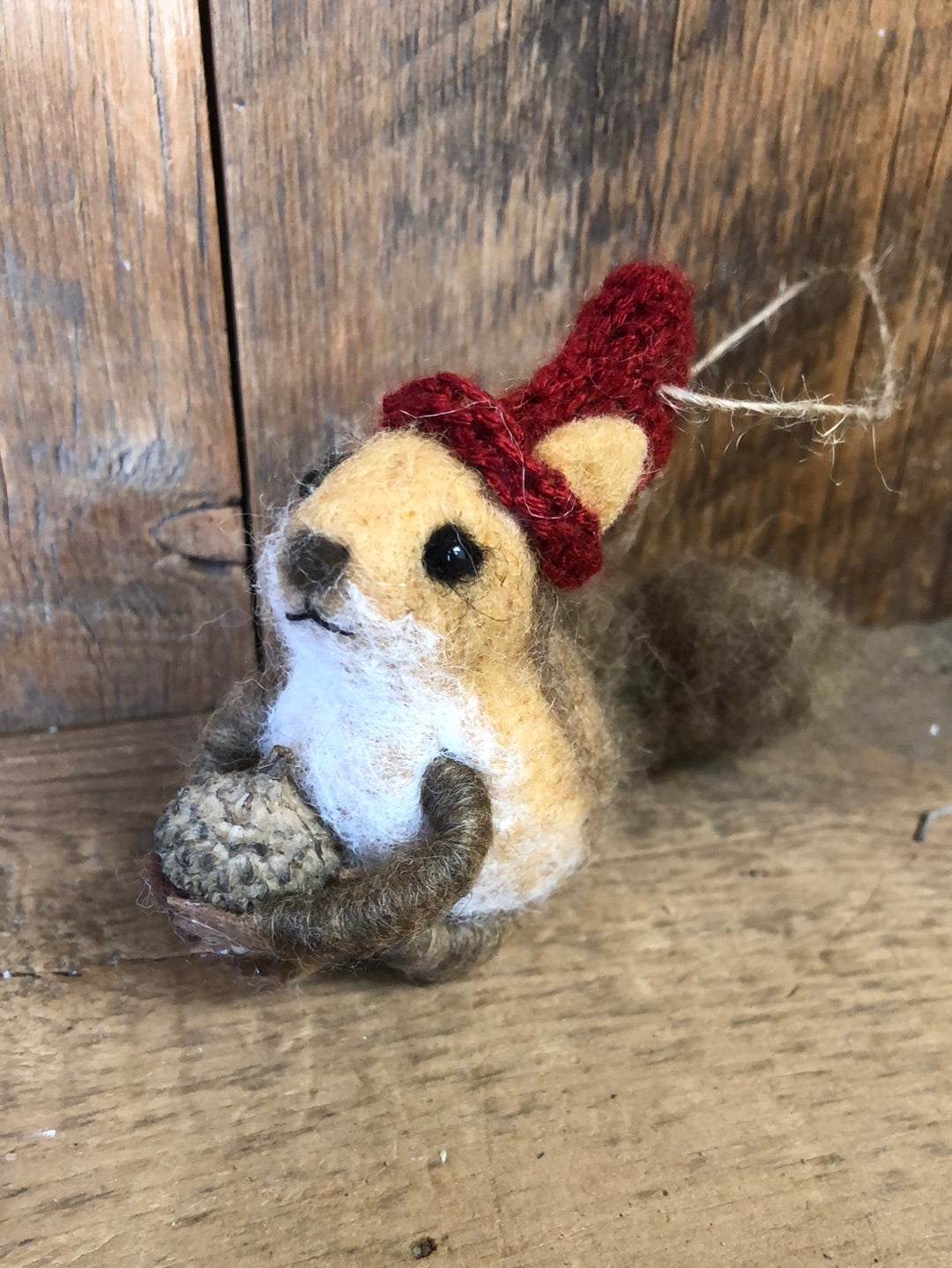 Wool Felt Holiday Squirrel in Knitted Red Hat with Acorn