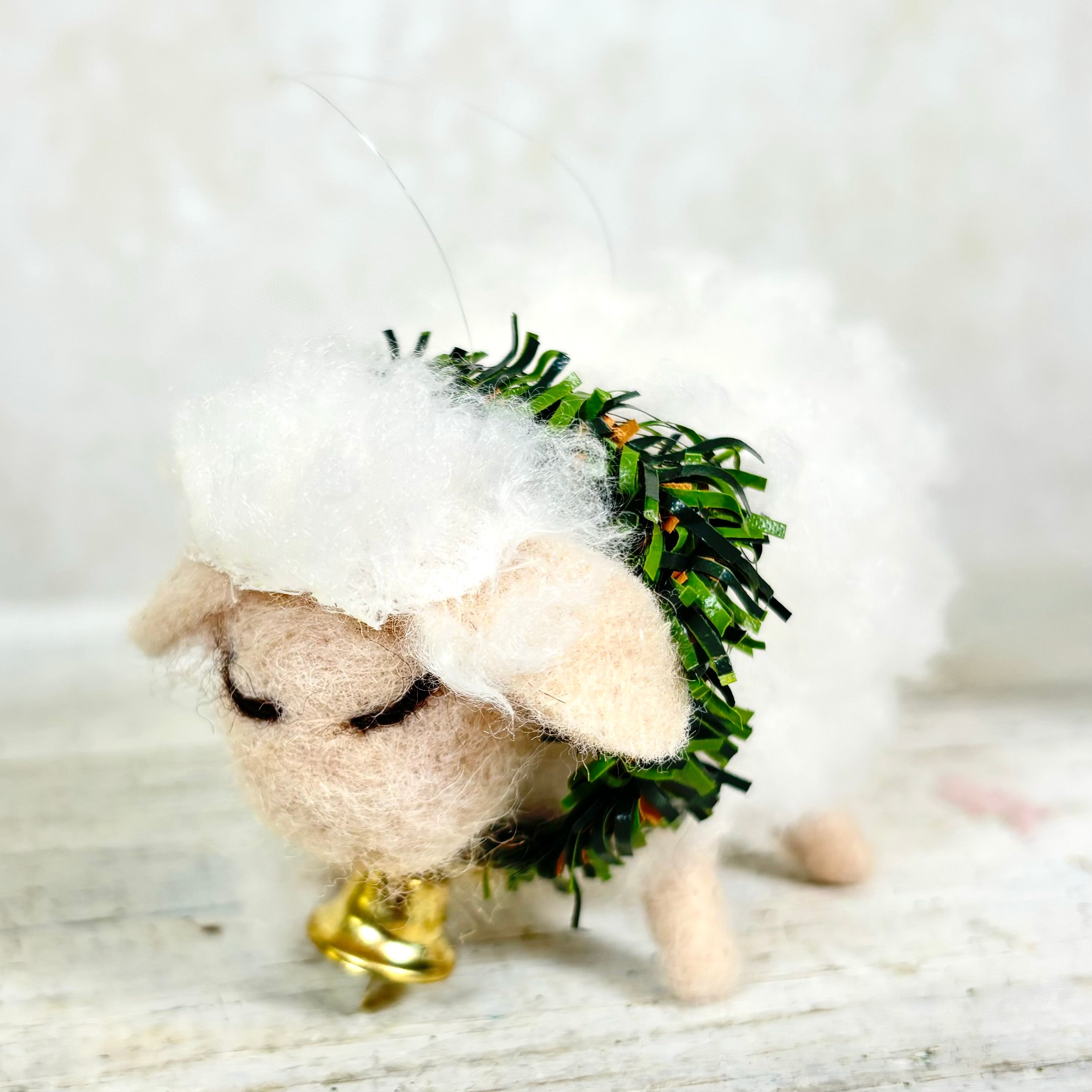 Baby Felt Wooly Sheep with Wreath and Bell Collar