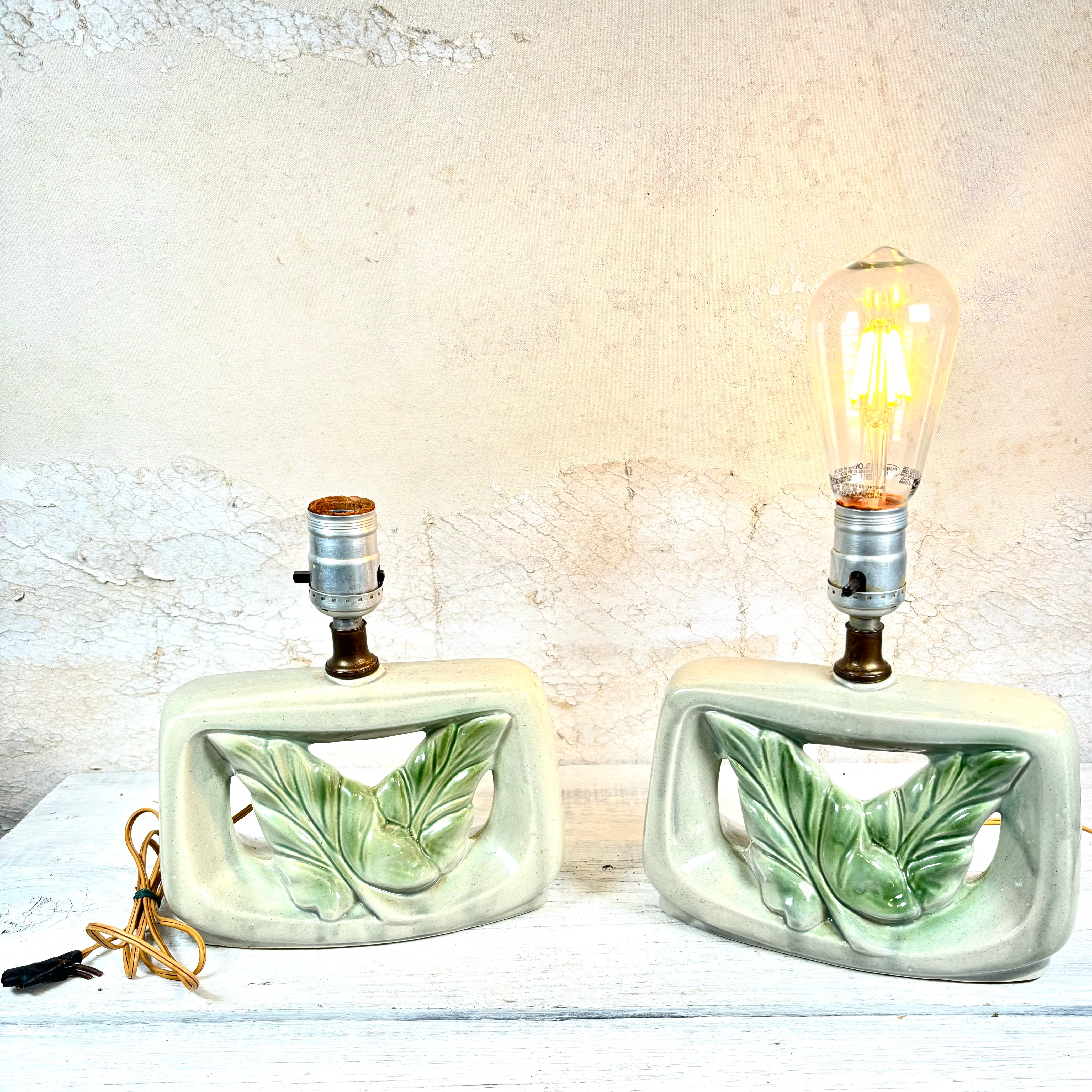 Mid Century Mint Ceramic Leaf Lamps Set of Two