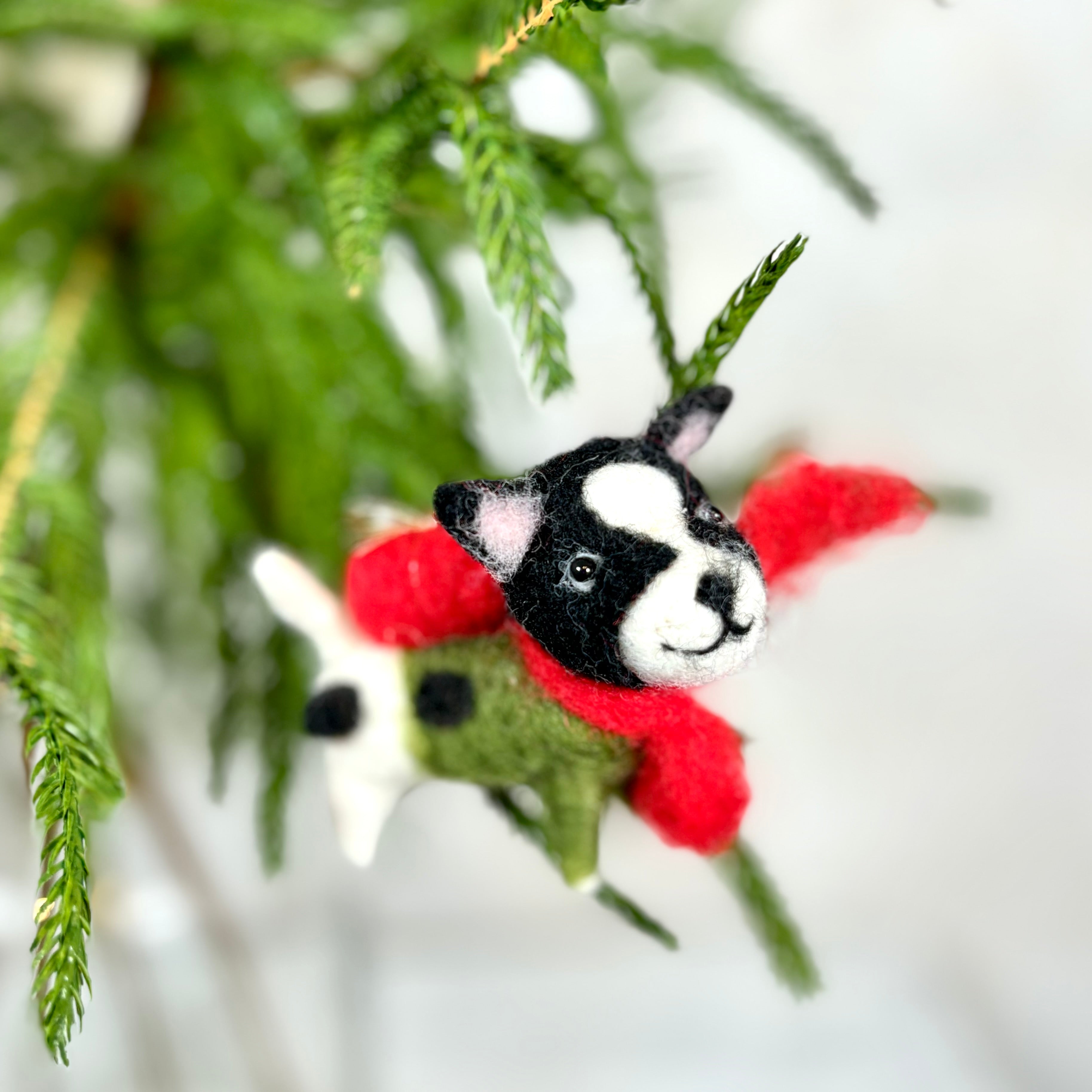 Felt Puppy in Green Outfit with Scarf and Present Ornament