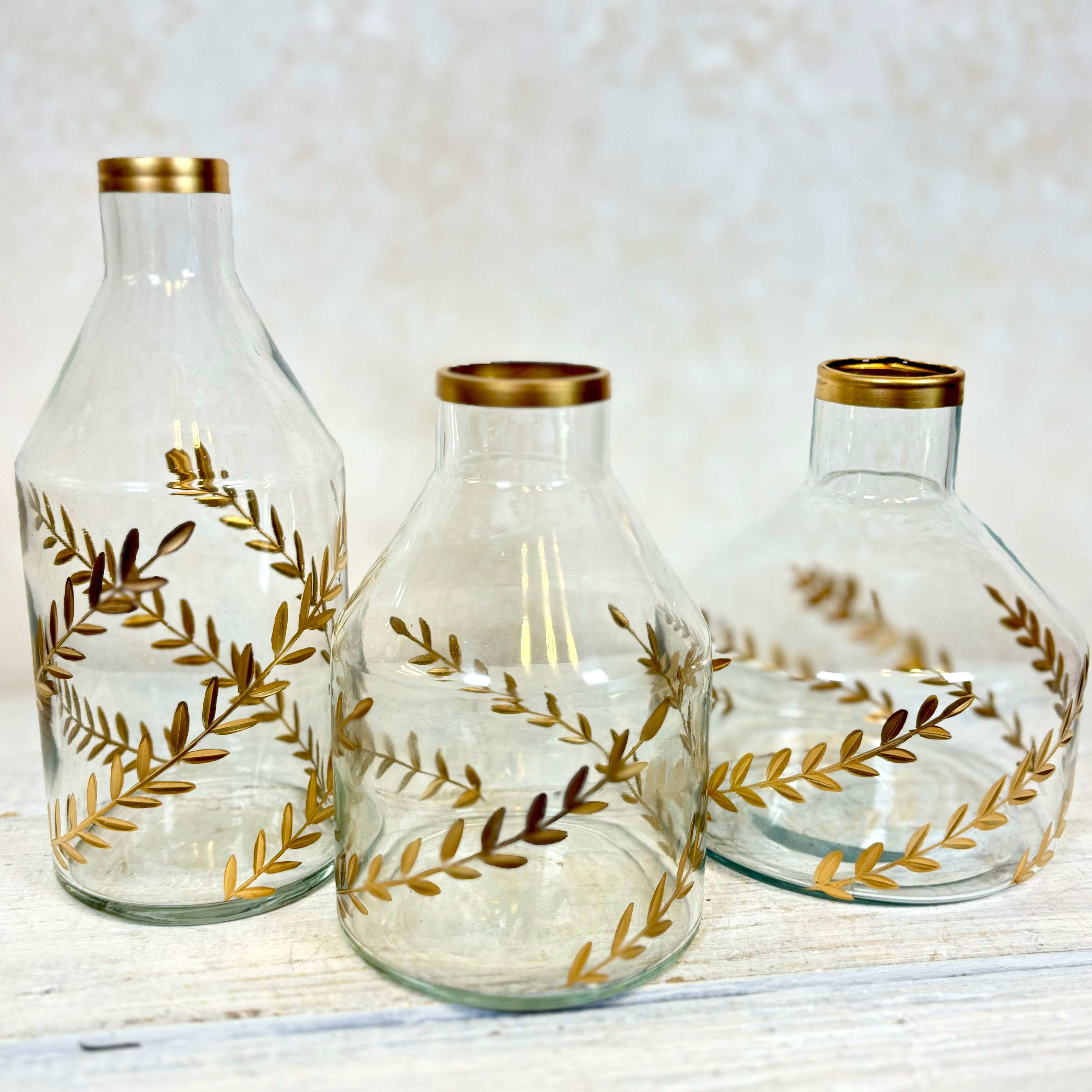 Gold Gilded Leaf Etched Clear Glass Vase Short