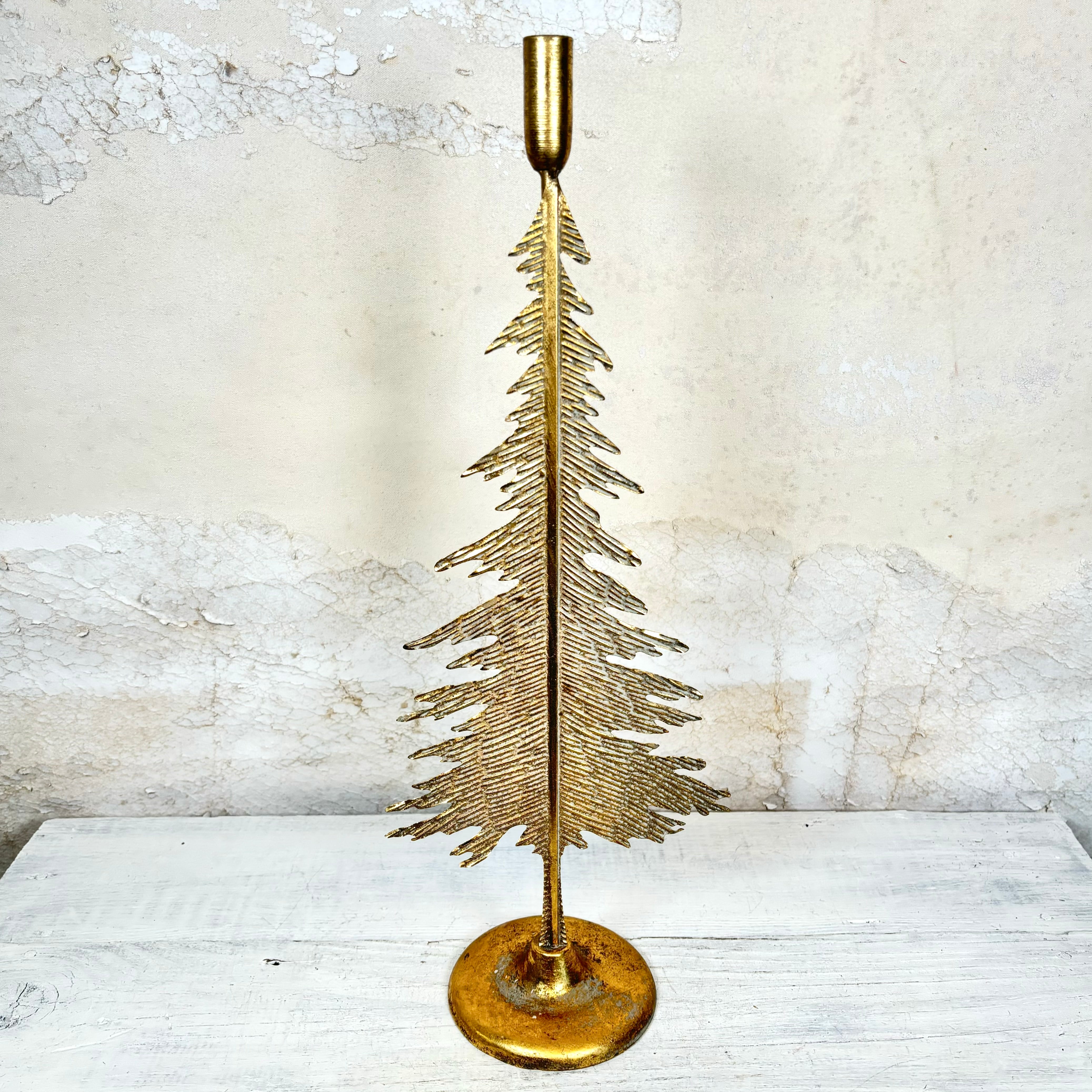 Verdigris Gold Metal Pine Tree Candle Stick Tall