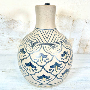 Hand-Painted Stoneware Blue and Tan Vase with Handle