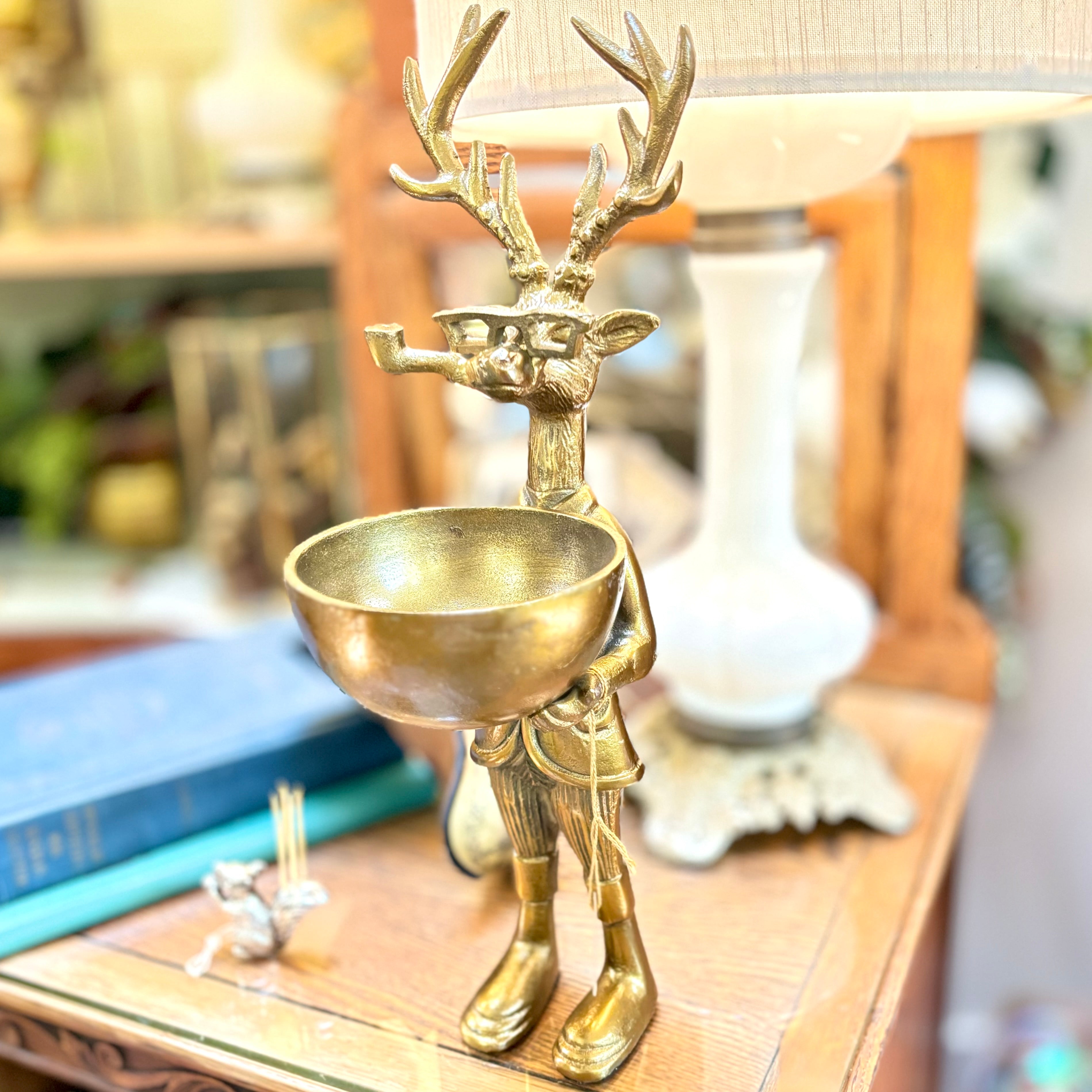 Brass Standing Deer with Bowl