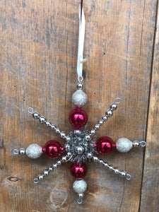 Glass Bead Snowflake Ornament Tinsel and Glitter Red Silver