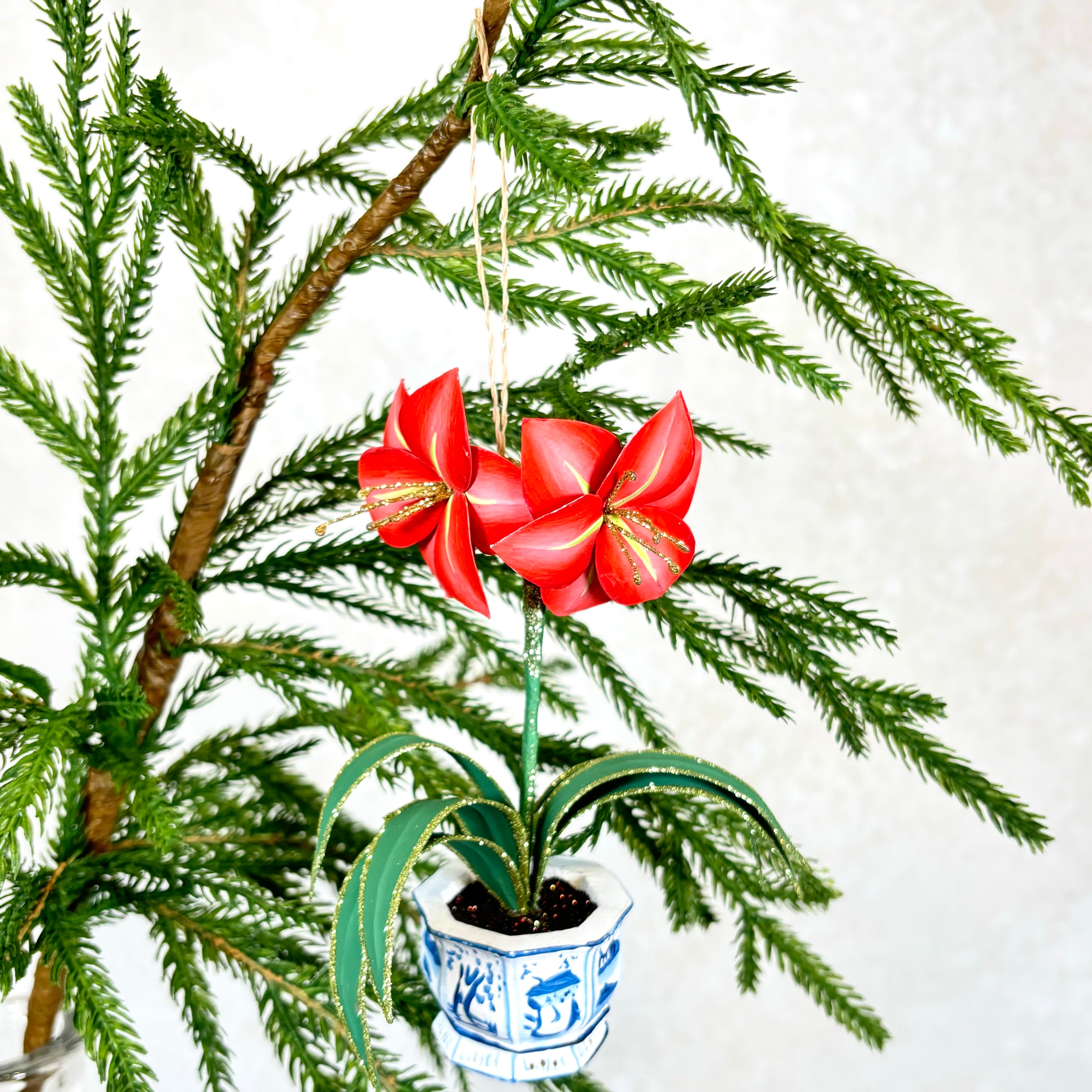 Potted Red Christmas Amaryllis Resin Ornament