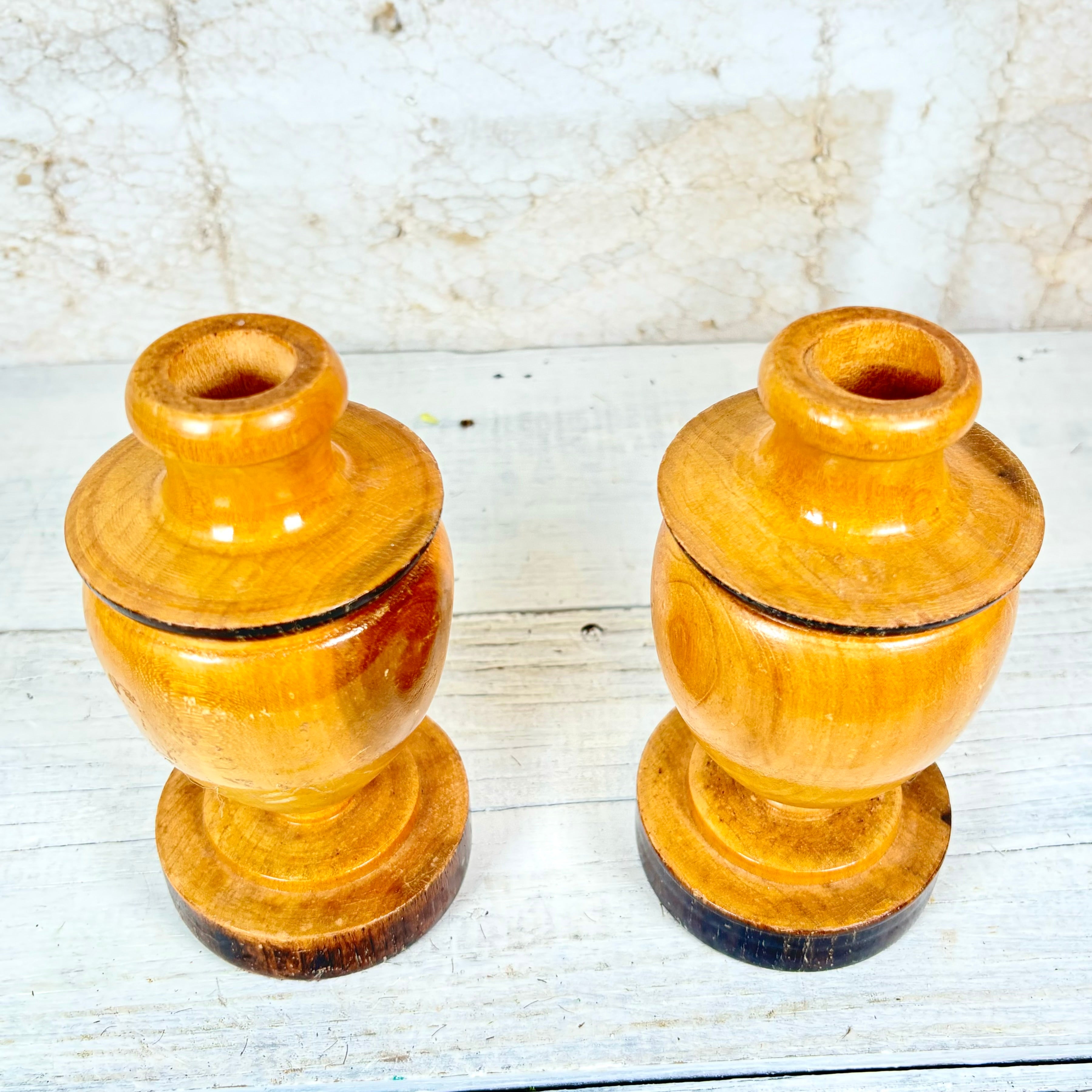 Vintage Small Burnished Wood Candle Holders Set of Two