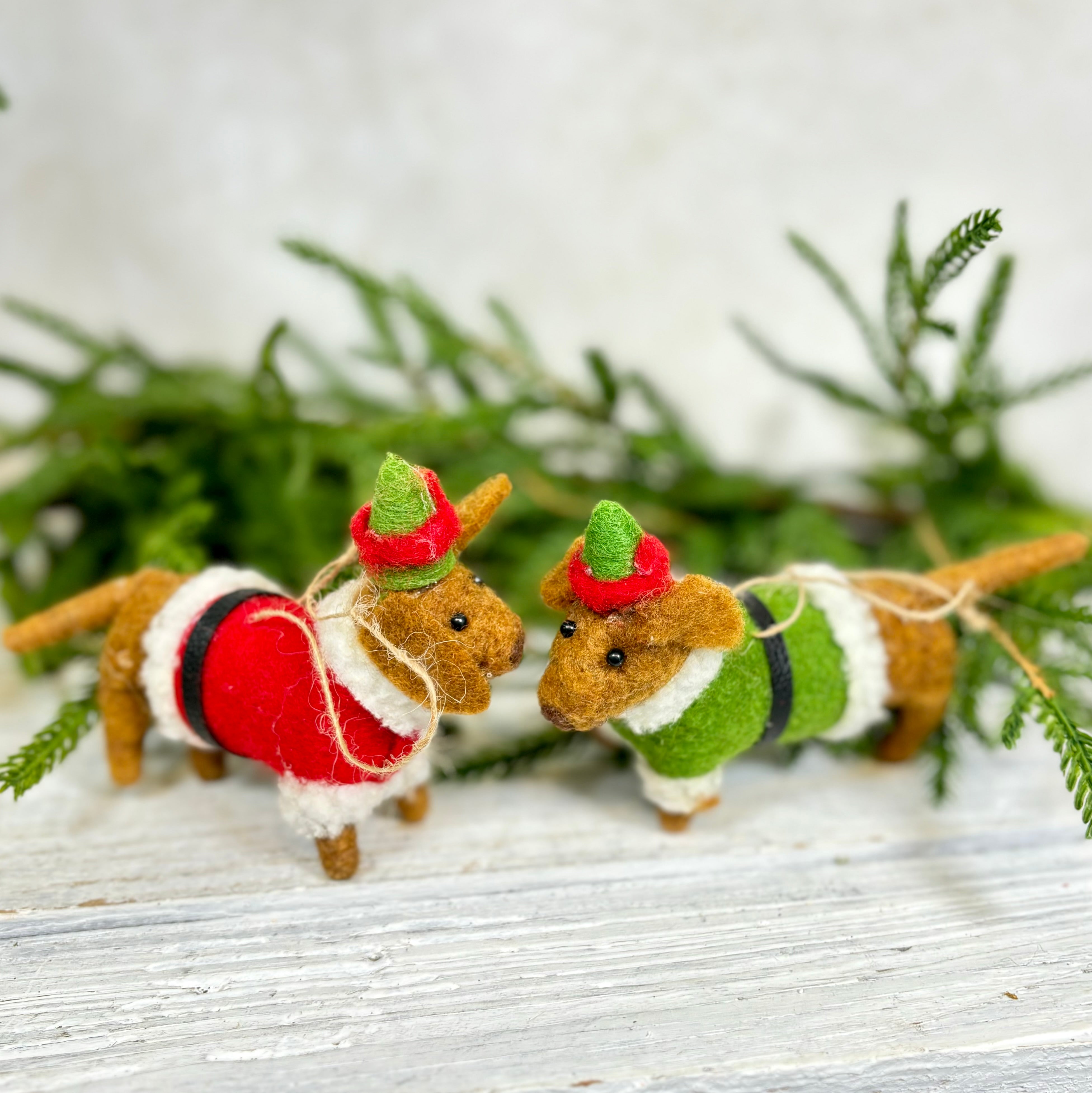 Felt Daschund in Green Santa Outfit Ornament