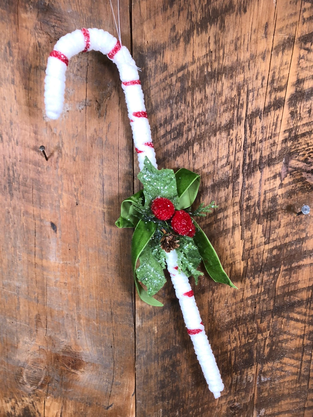 Frosted Chenille White Ribbon Candy Cane Ornament