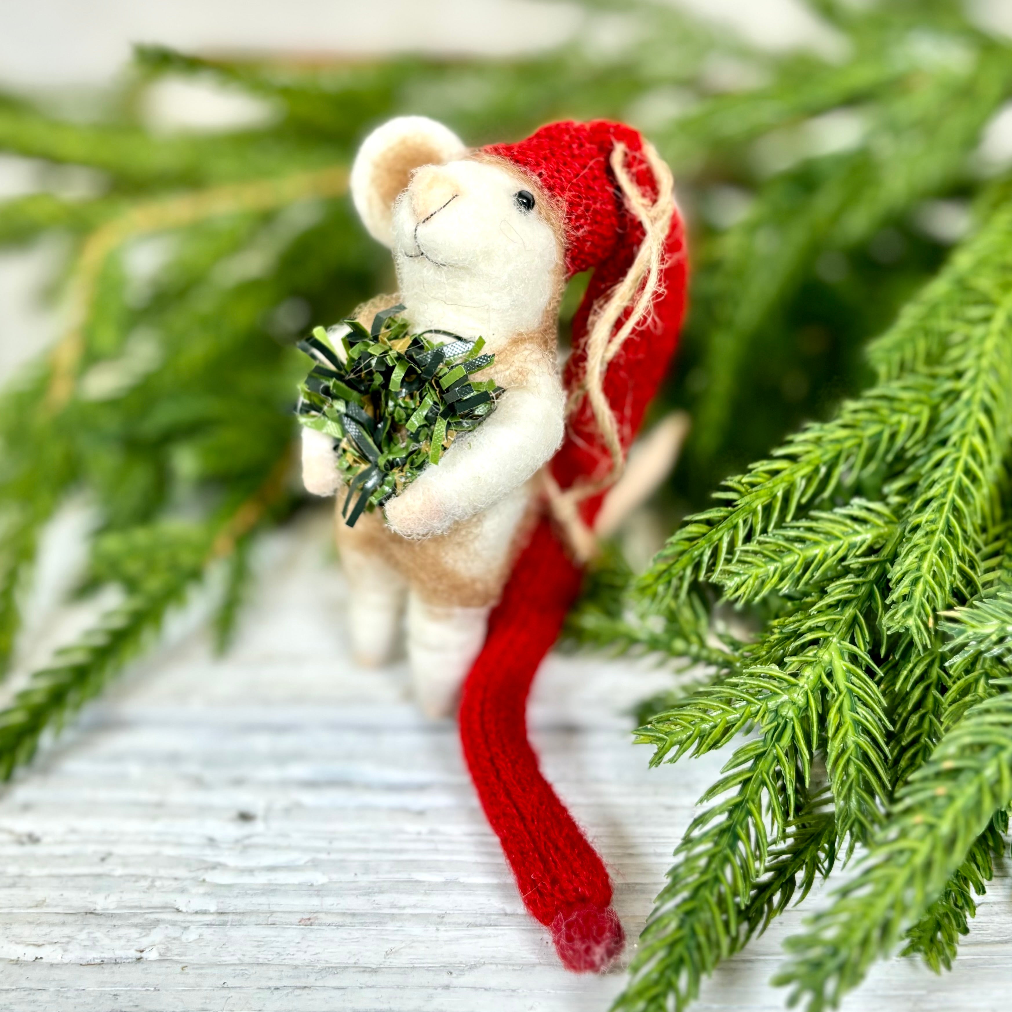 Felt Mouse with Long Red Knit Santa Hat Holding Wreath Ornament