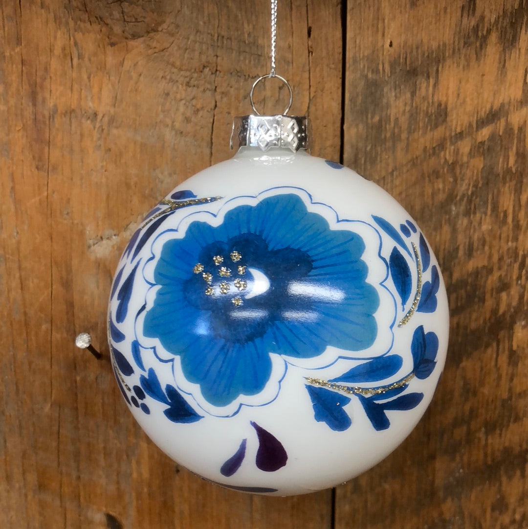 Flowering Chinoiserie Glass Ball Ornament Blue White