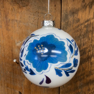 Flowering Chinoiserie Glass Ball Ornament Blue White