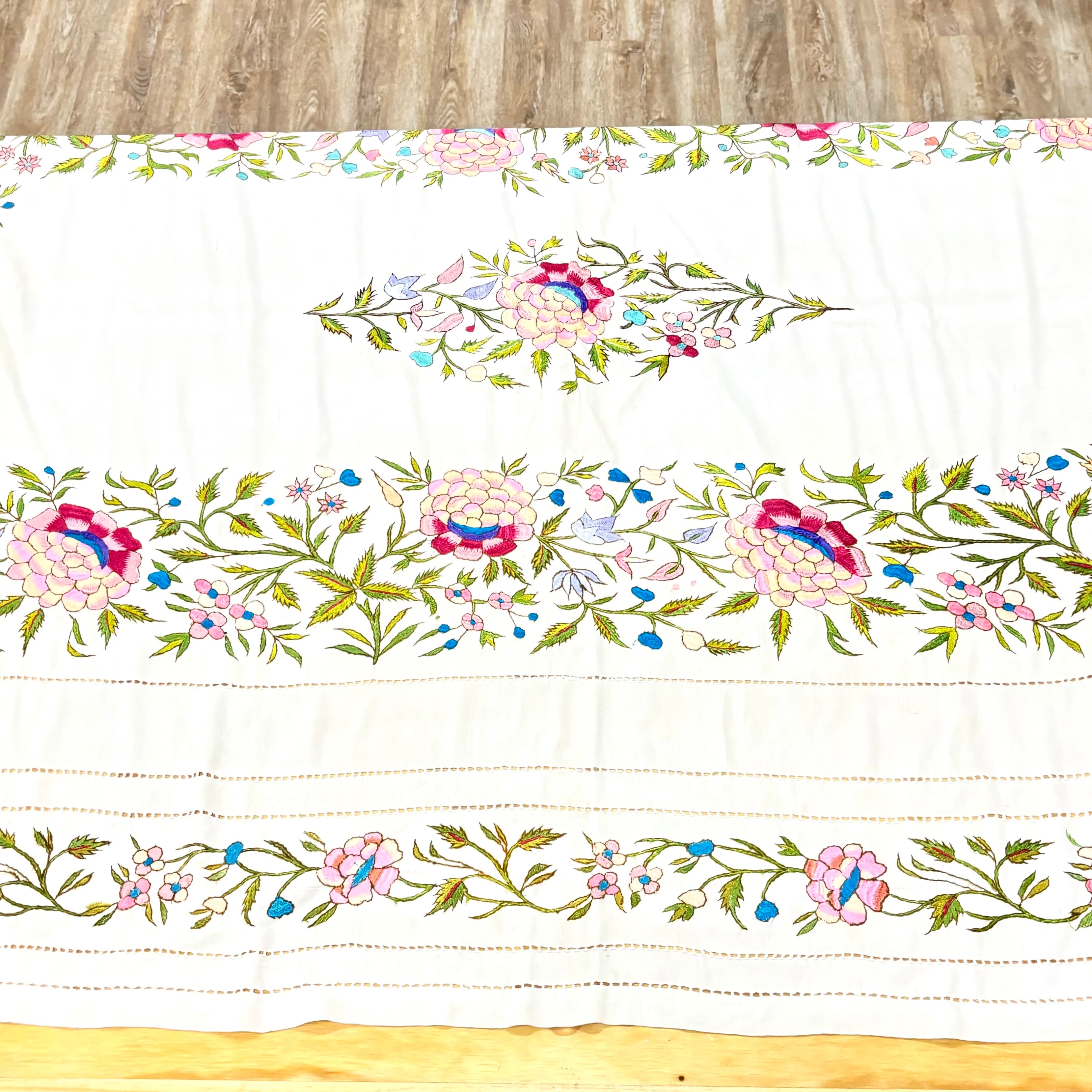 Vintage Embroidered Floral Tablecloth