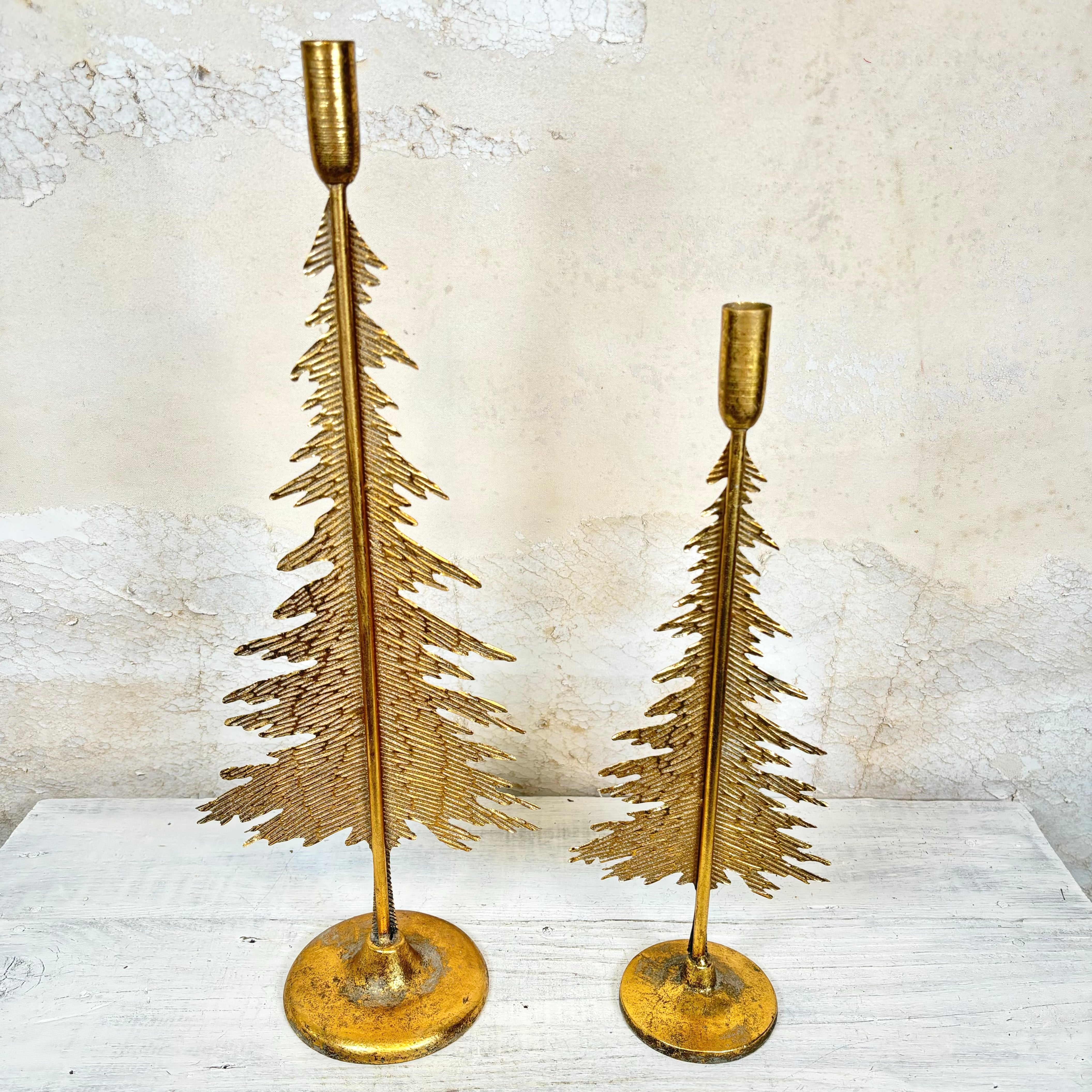 Verdigris Gold Metal Pine Tree Candle Stick Tall