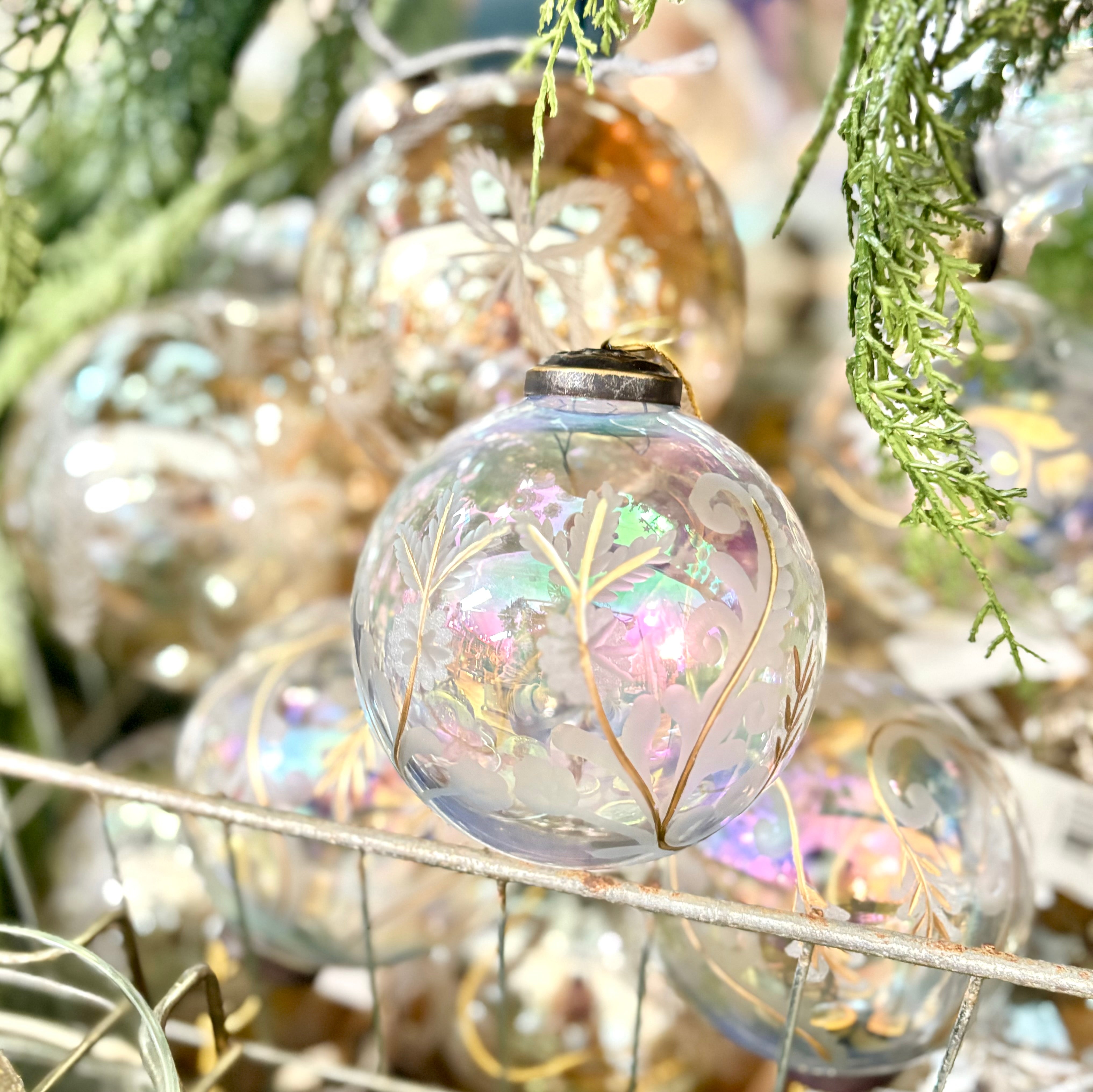 Etched Glass Clear Ball with Flowers Ornament