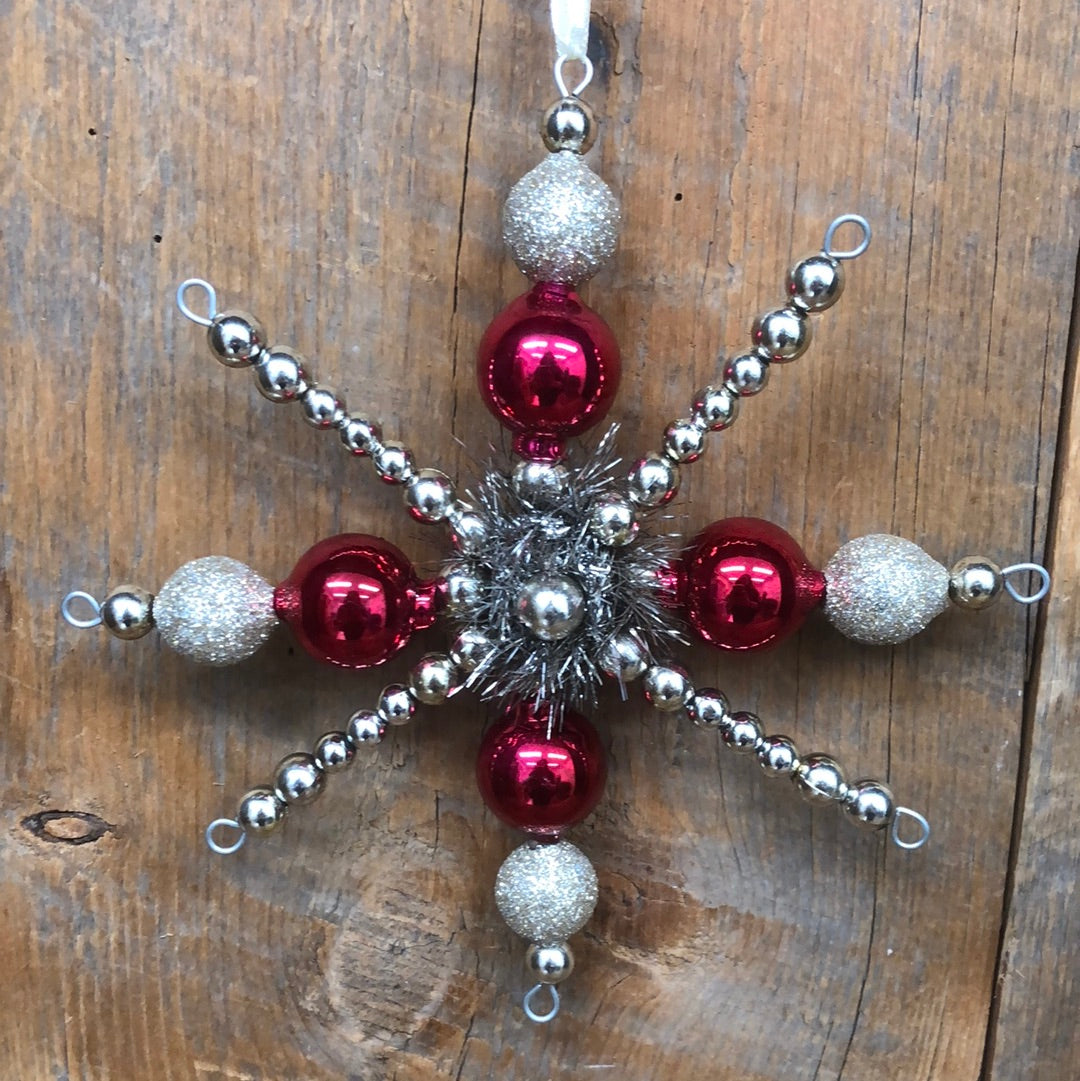 Glass Bead Snowflake Ornament Tinsel and Glitter Red Silver