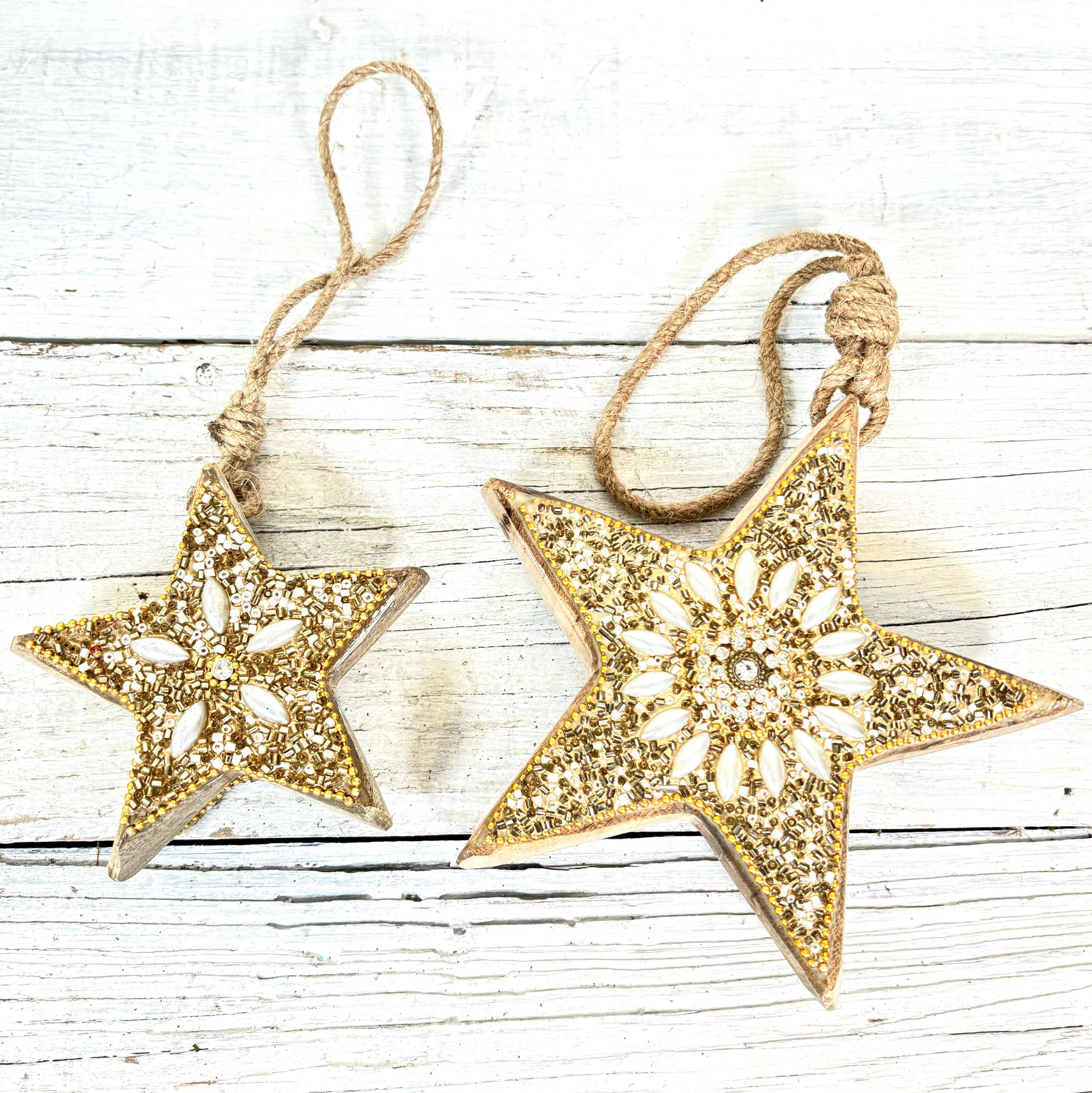 Beaded Boho Wood Gold Star Large