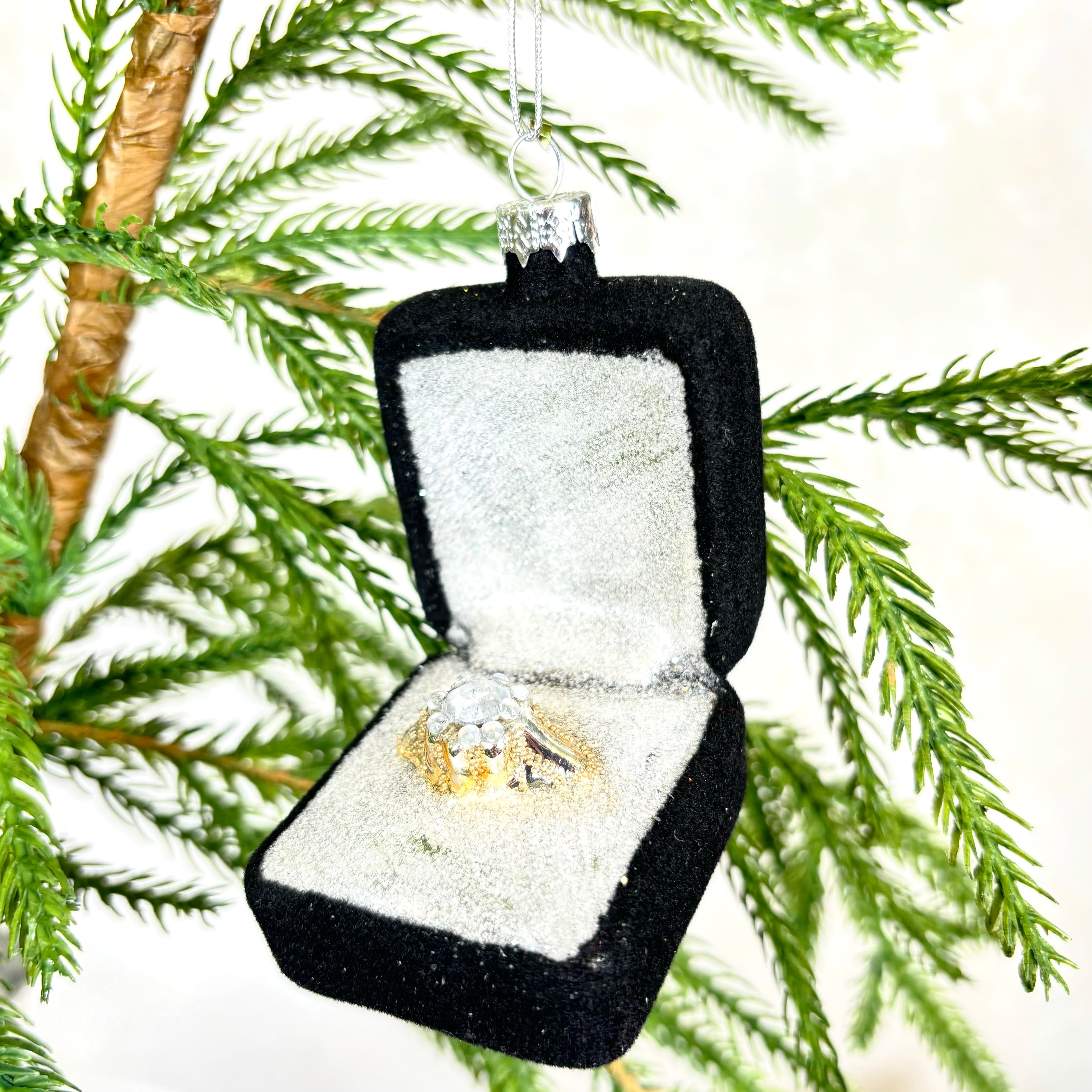 Diamond Engagement Ring in Black Velvet Box Glass Ornament