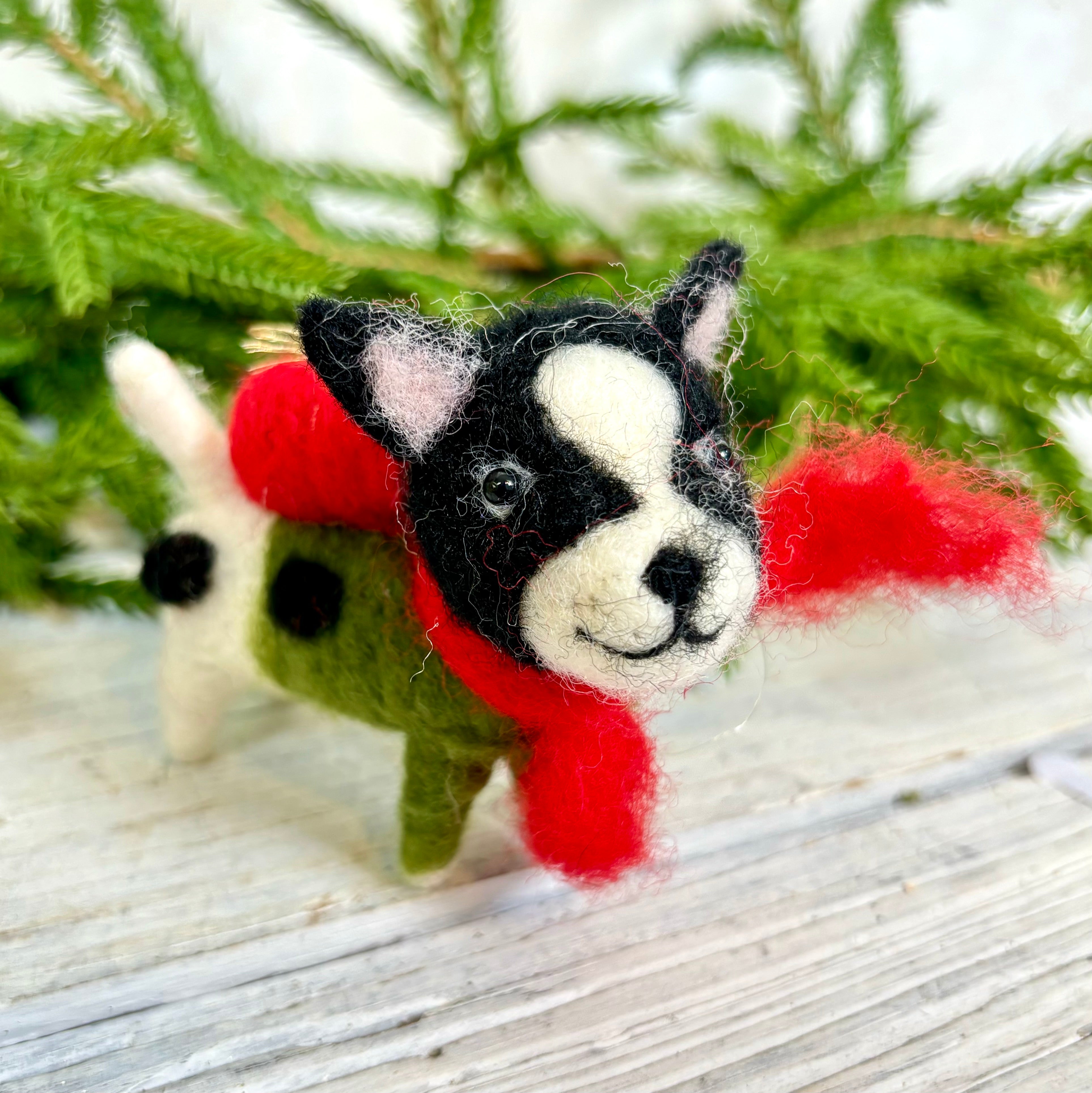 Felt Puppy in Green Outfit with Scarf and Present Ornament