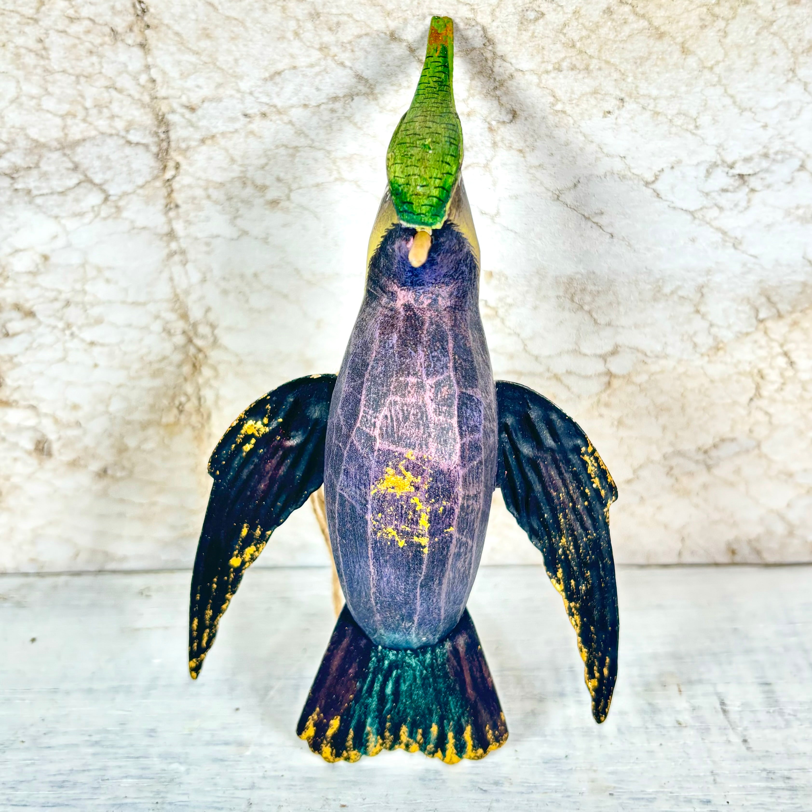 Hand Carved Wood Hummingbird Ornament Purple Green