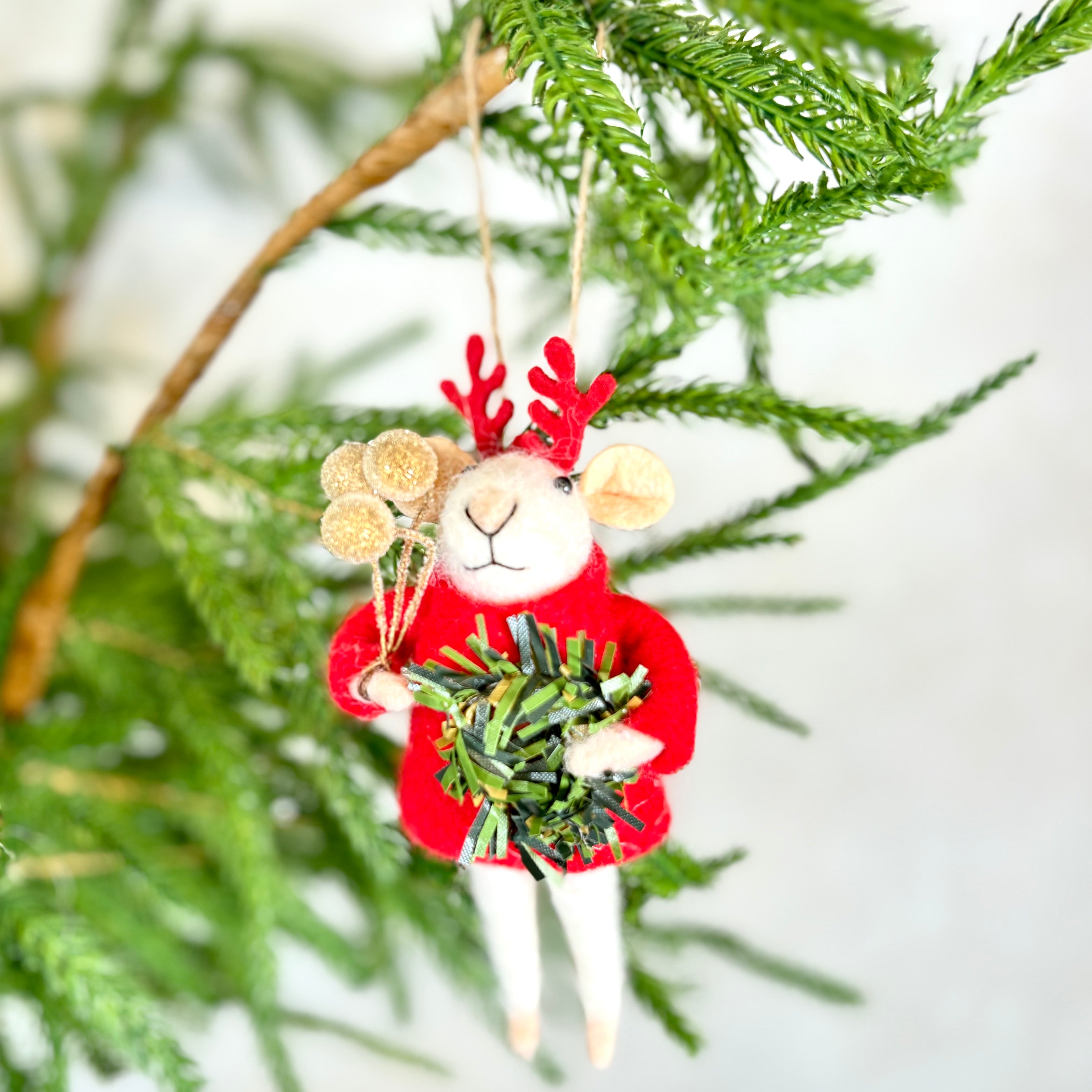 Felt Mouse with Wreath and Gold Berries Ornament